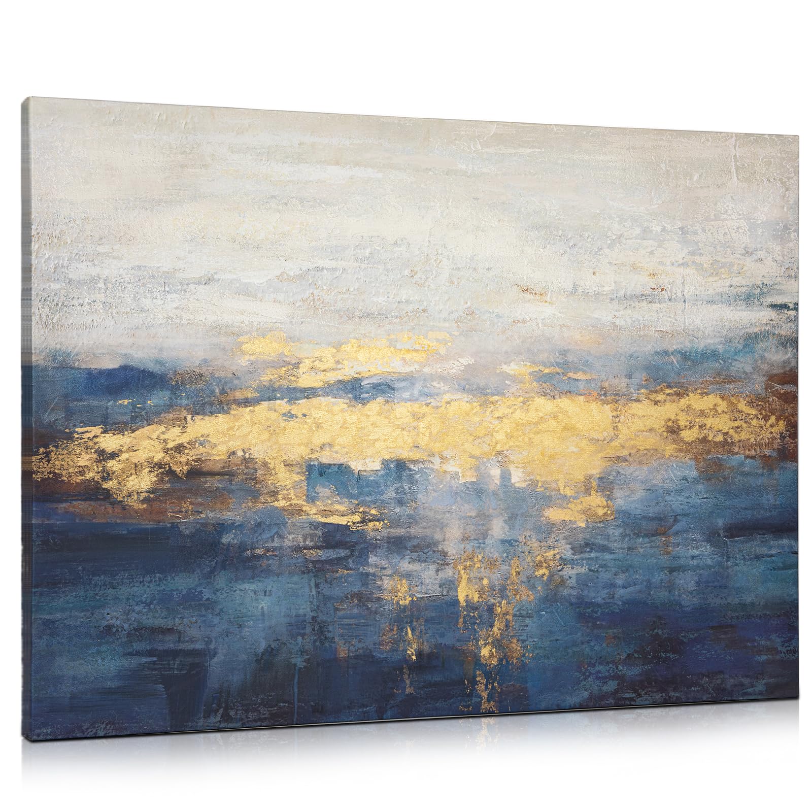 Briful 32"x24" Large Canvas Wall Art for Living Room | 80cm x 60cm Hand-painted Abstract Wall Art | Framed Blue Gold Wall Art Sea Horizon | Textured Oil Painting Canvas for Bedroom Wall Decor