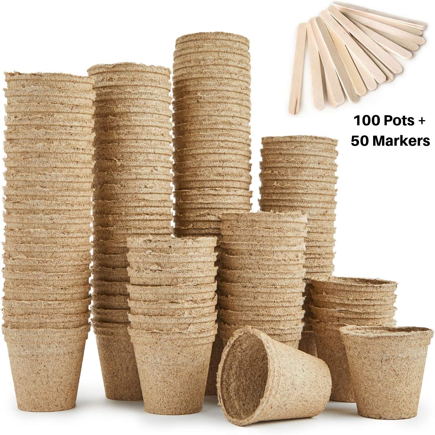 Urban Sprout Fibre Pots for Seedlings 100 Biodegradable 6CM Round Jiffy Pots Plus 50 Birchwood Plant Markers