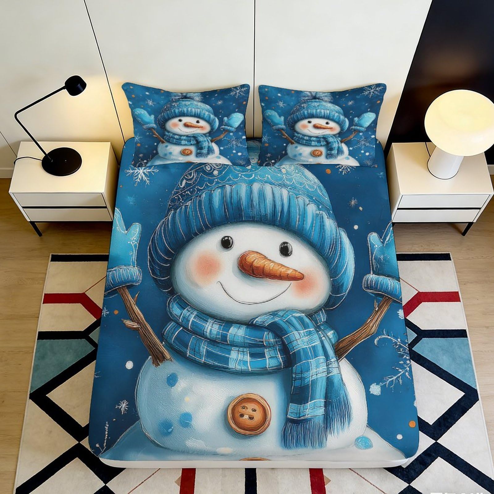 3D Printed Snowman Fitted Sheet Microfiber Full Wrap Bedroom Bedding Snowman Mattress Fitted Cover Deep Pocket Washable for Adults 180x200x25cm