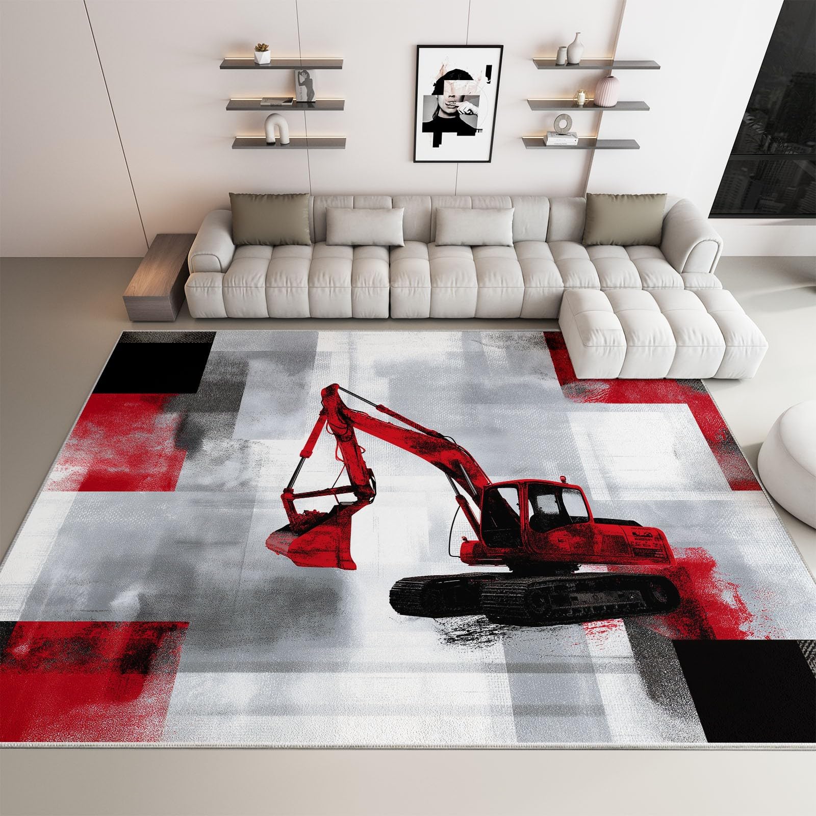 Generico Tappeto Salotto 80 x 150cm Morbido Tappeto Scendiletto Camera da Letto Veicoli da costruzione stile industriale Tappeti Lavabili per Salotto Cameretta Bambino Ufficio Ingresso
