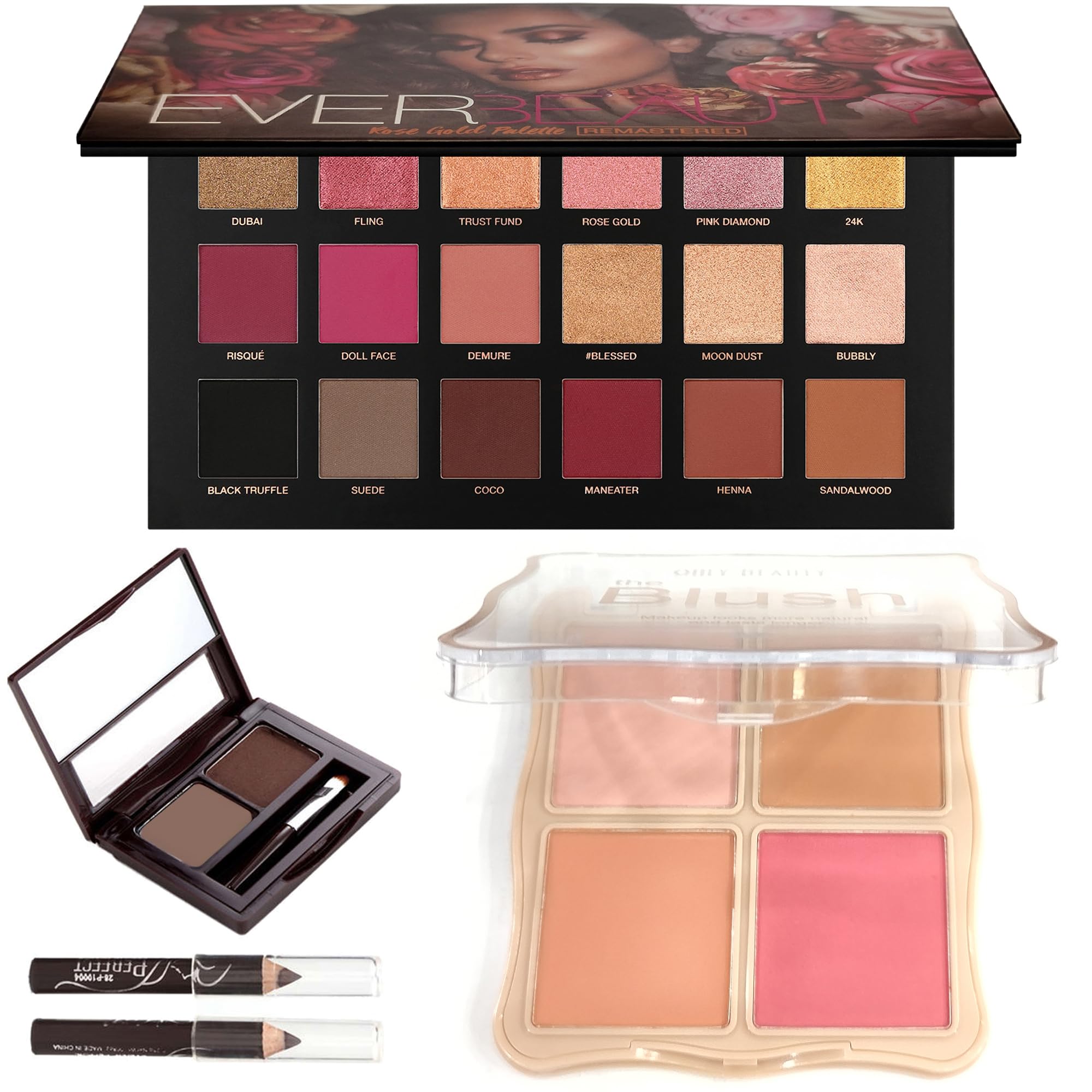 Ever Beauty Rose Gold Remastered Eyeshadow Palette Multicolor Makeup Set with 18 Shades, 4-Color Blusher, and Eyebrow Cake Powder - All-in-One Beauty Kit