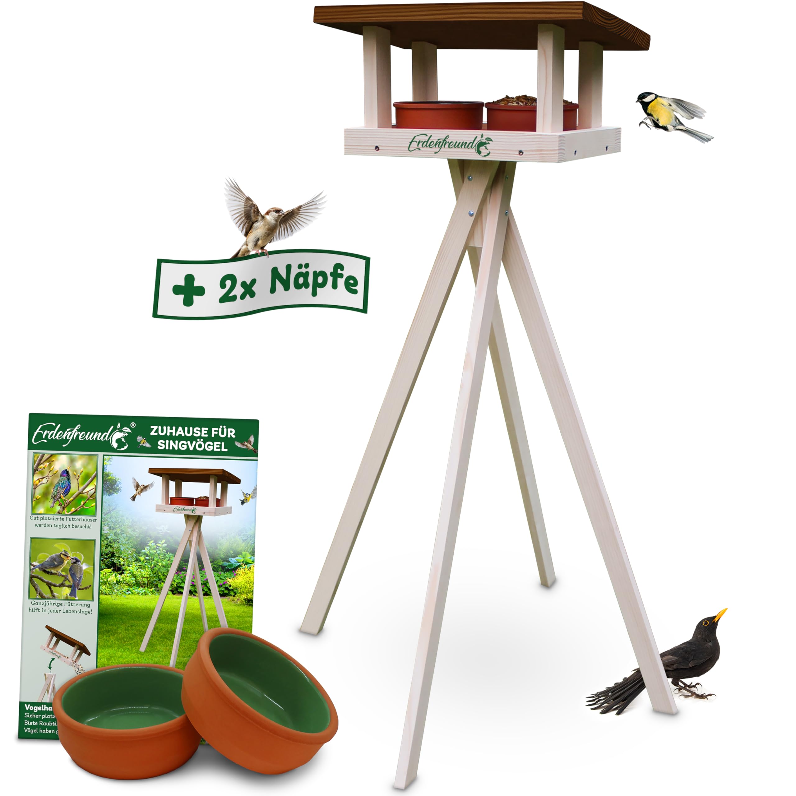 ERDENFREUND® Vogelhaus mit Ständer wetterfest +2 Näpfe Futterhaus für Vögel mit Rundumblick räubersicher Vogelfutterhaus 1,20m fertig montiert (Vogelhaus stehend +2er Wasser-/Futternapf hygienisch)
