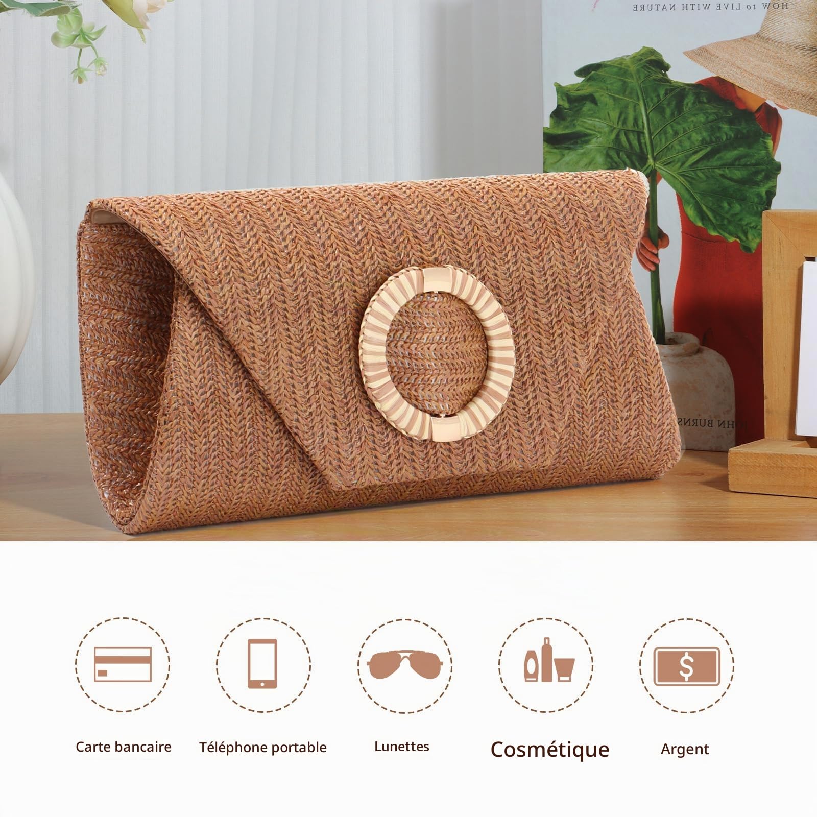 BWBIKE Sac à Main Pochette Tissé en Raphia pour Femme - Élégant Sac à Bandoulière en Paille pour l’été, la Plage, les Mariages et les Fêtes Formelles, Sac à Main Enveloppe Avec Chaîne Amovible