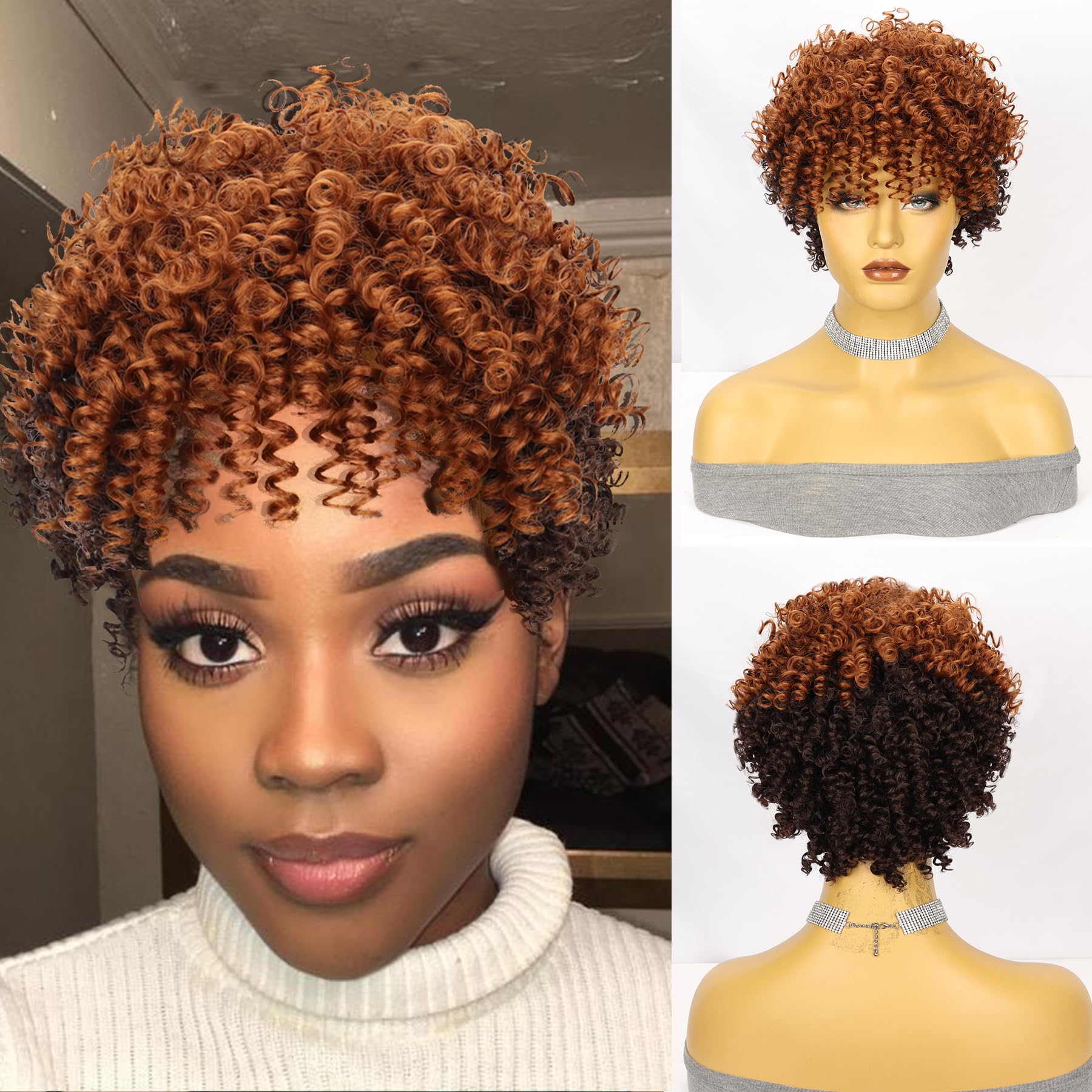 CINHOO Short Kinky Curly Wigs for Black Women Chocolate and Brown Afro Wigs,Mullet Wigs for Black Women Synthetic Hair Wigs with Bangs Twist Wigs for Black Women(Chocolate and Orange-red)