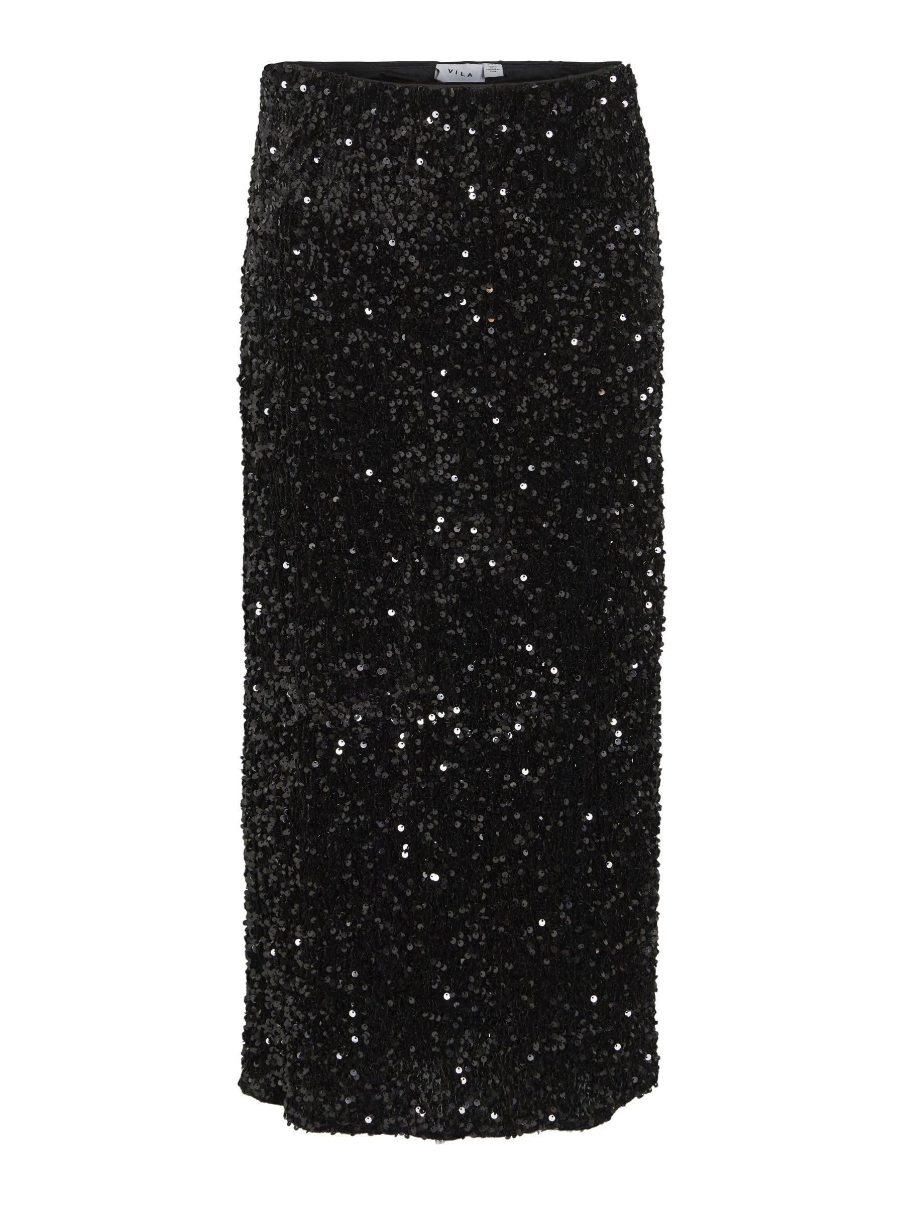 Vila Vifaith Hw Midi Sequin Skirt/Vol, Black Beauty, L
