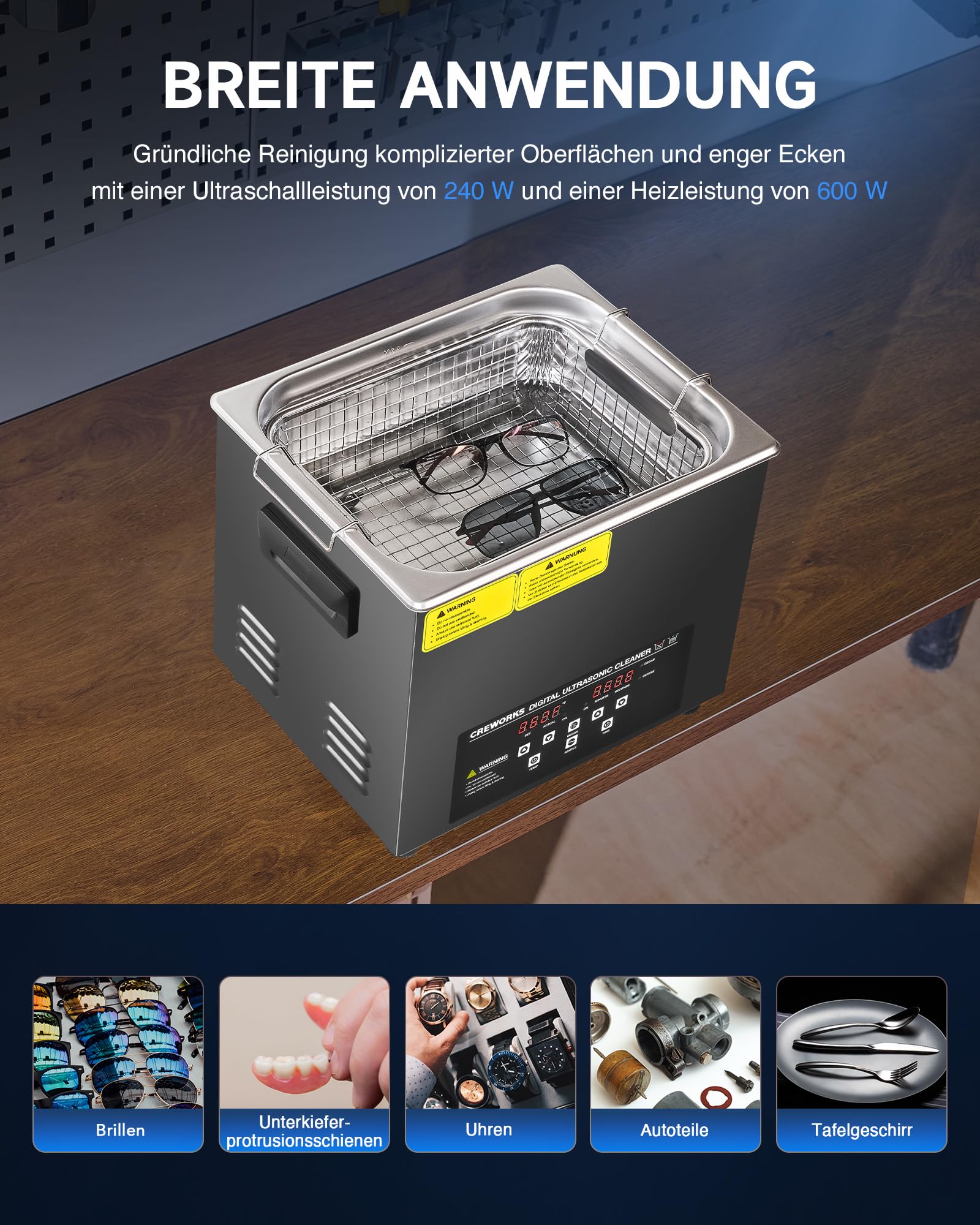 CREWORKS Lavatrice Ultrasuoni Digitale 10L 240W con Riscaldatore e Timer, Pulitore Ultrasuoni Professionale in Acciaio Inossidabile con 2 Modalità, Vasca Ultrasuoni per Ricambi Auto, Utensili