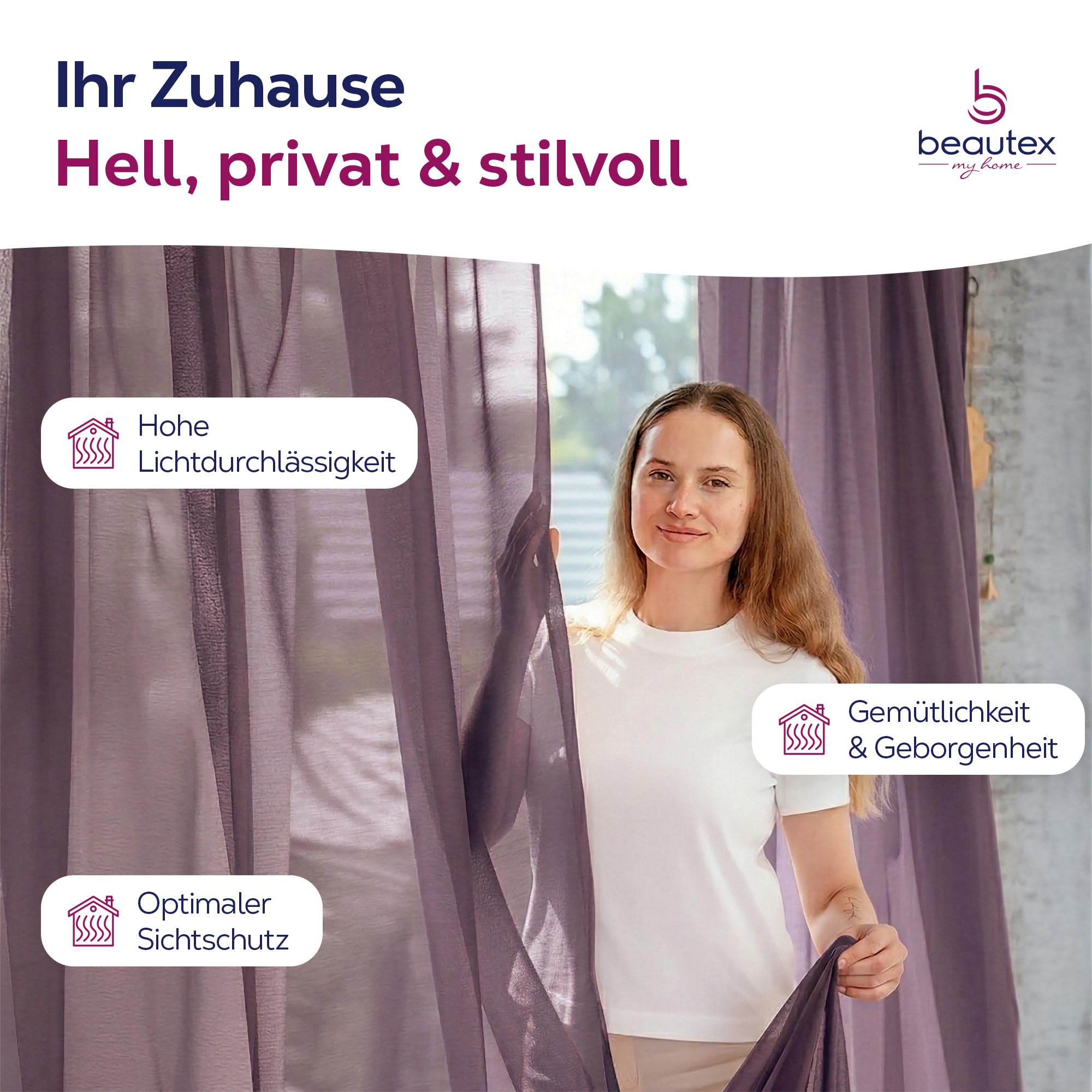 BEAUTEX Vorhang mit Kräuselband oder Ösen, transparente Gardine Dolly, Farbe und Größe wählbar (Kräuselband - Breite 290 cm - Höhe 250 cm - 1 Stück - Pflaume)