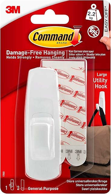 Command 17003ES Large Utility Hook, Pack of 1 Hook and 2 Adhesive Strips, White - Damage Free Hanging - Holds up to 2.2 kg