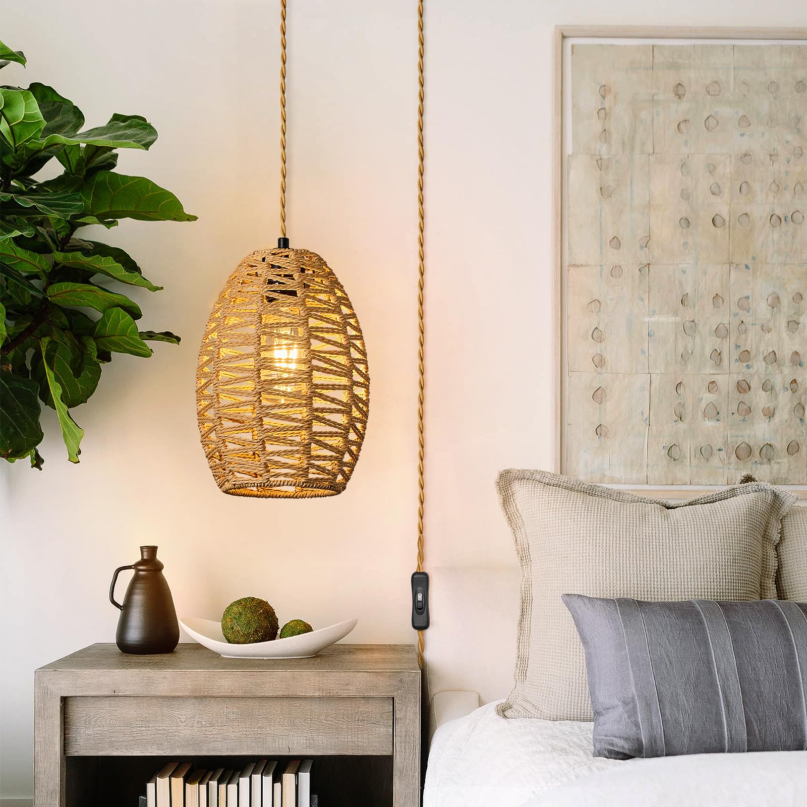 ZPBSJ Rattan Plug in Pendant Light Boho Chandelier Brown Height Adjustable Pendant Lights E27 Pendant Lamp for Bedroom Living Room Farmhouse(1Pack) - Image 2