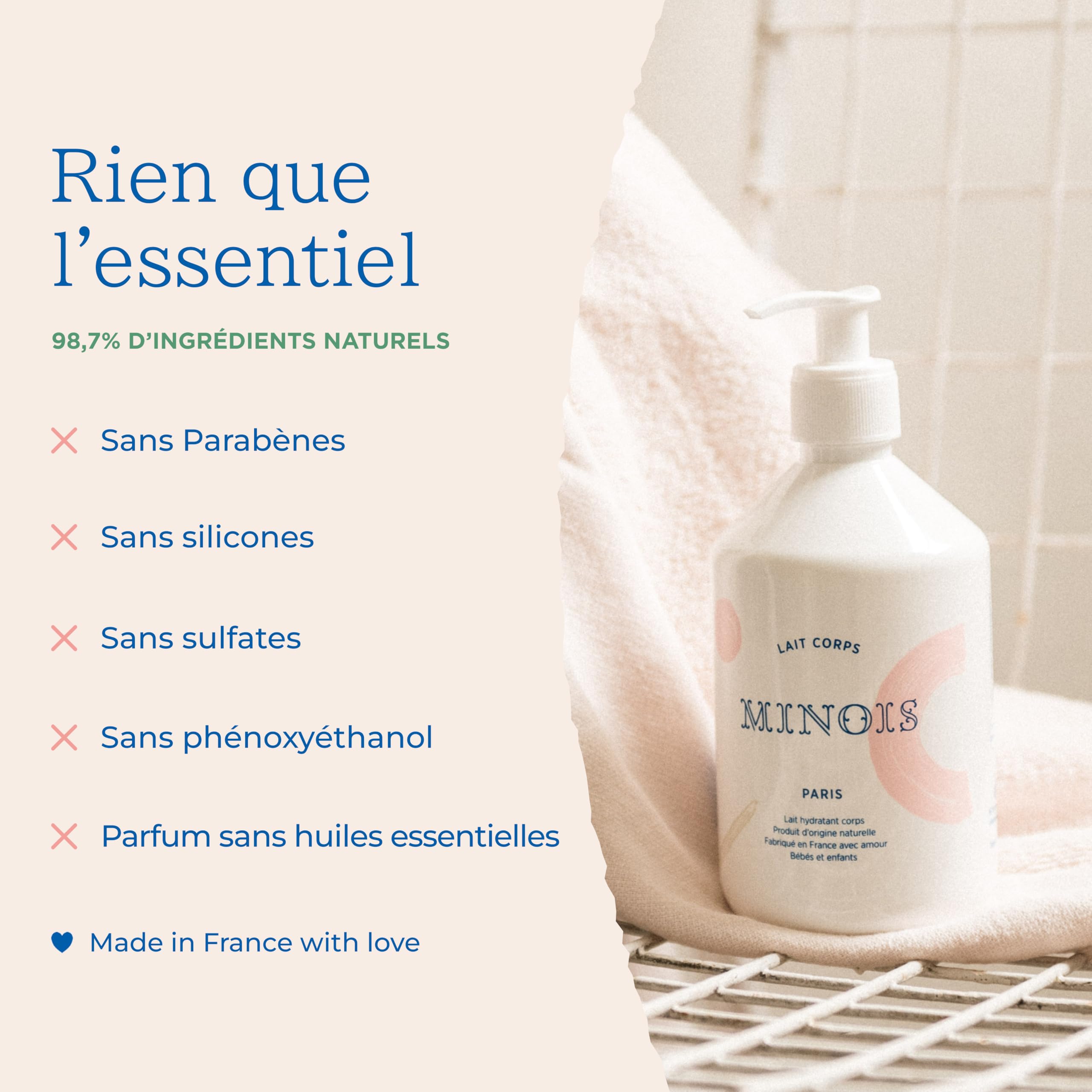 Minois Paris - Lait Corps Hydratant Bébé Format Familial - Nourrit, Protège, Non Gras - Propriétés Adoucissantes et Apaisantes - 98,7 % D'ingrédients D'origine Naturelle - Made in France - 500ML
