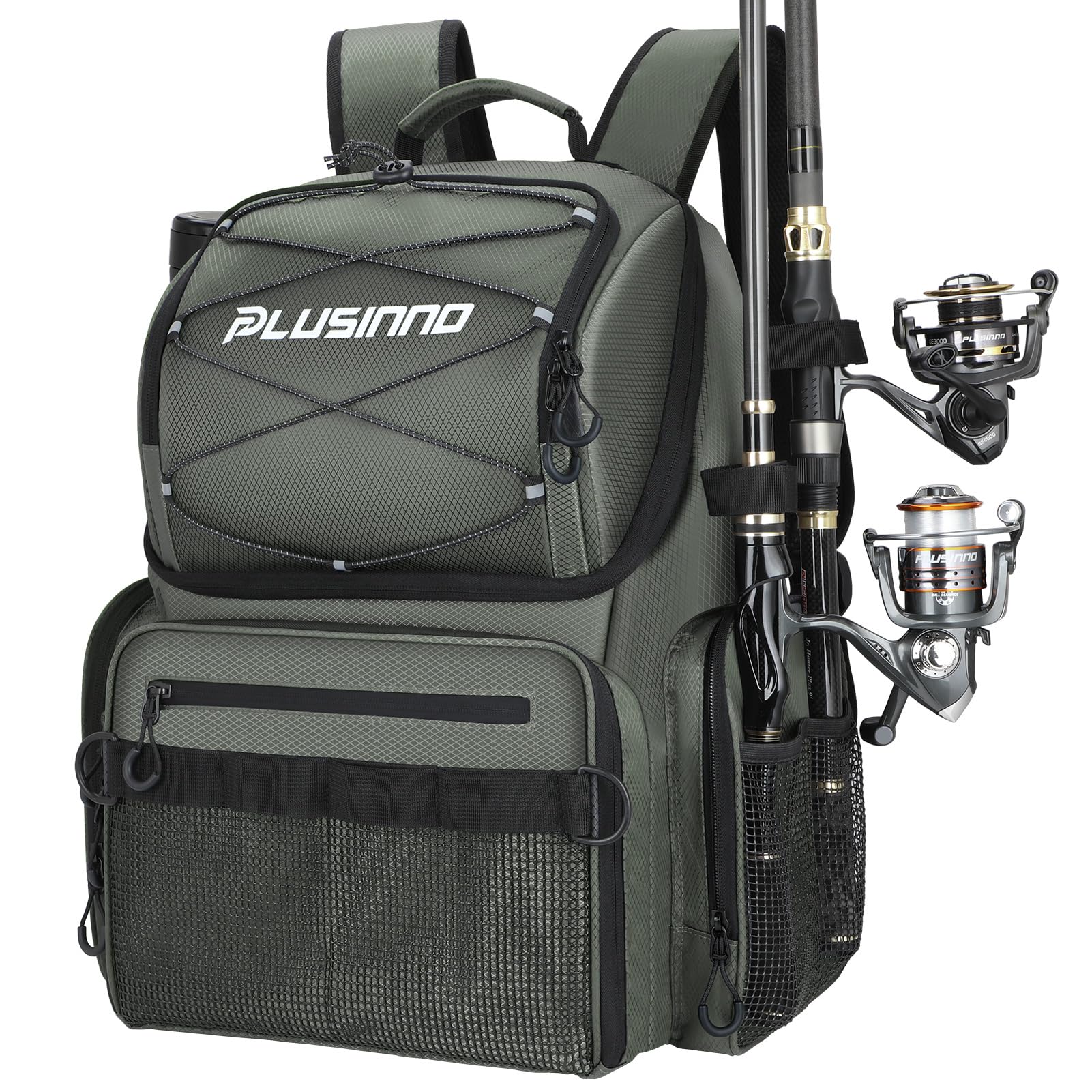 PLUSINNO Cooler Fishing Backpack with Rod Holders 45L Large Water-resistant Fishing Tackle bag Store Fishing Gear Fishing Gifts for Men Father, Sport