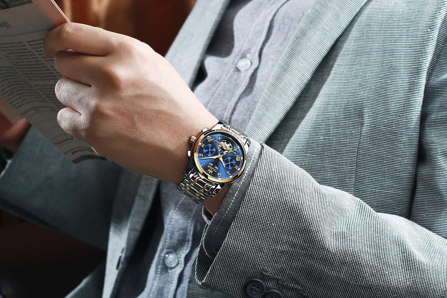 OLEVS Herrenuhren mit Datum Kalender Geschäft Quarz Armbanduhr Analog Edelstahl Wasserdicht Leuchtend Zwei-Farbig Casual Armbanduhr
