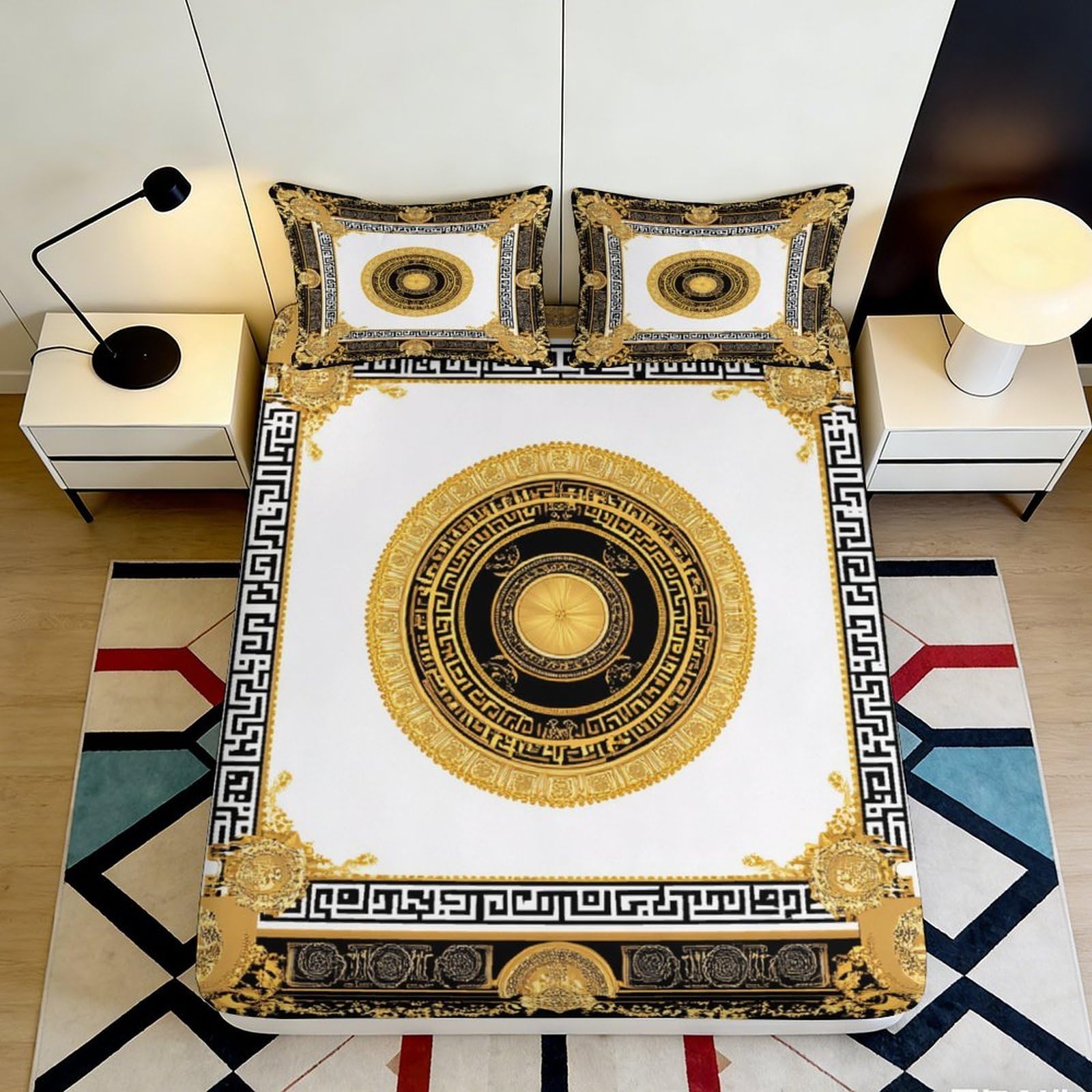 Uxinyoume Style-8 3D Printed Baroque Medallion Fitted Sheet Microfiber Gold Black Mattress Cover For Bedroom Guest Room Decor Easy Care 90X200x25cm