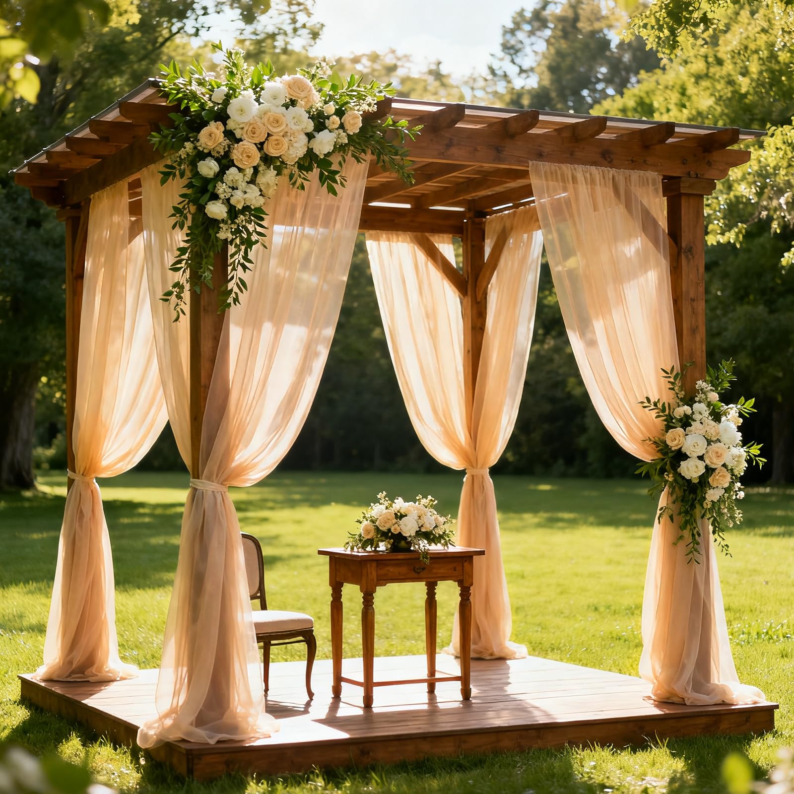 Lot de 4 rideaux de plafond en tulle, 1,5 x 6,1 m, pour arche de mariage, cérémonie et décoration de fête, rideaux en voile transparent infroissable (champagne)