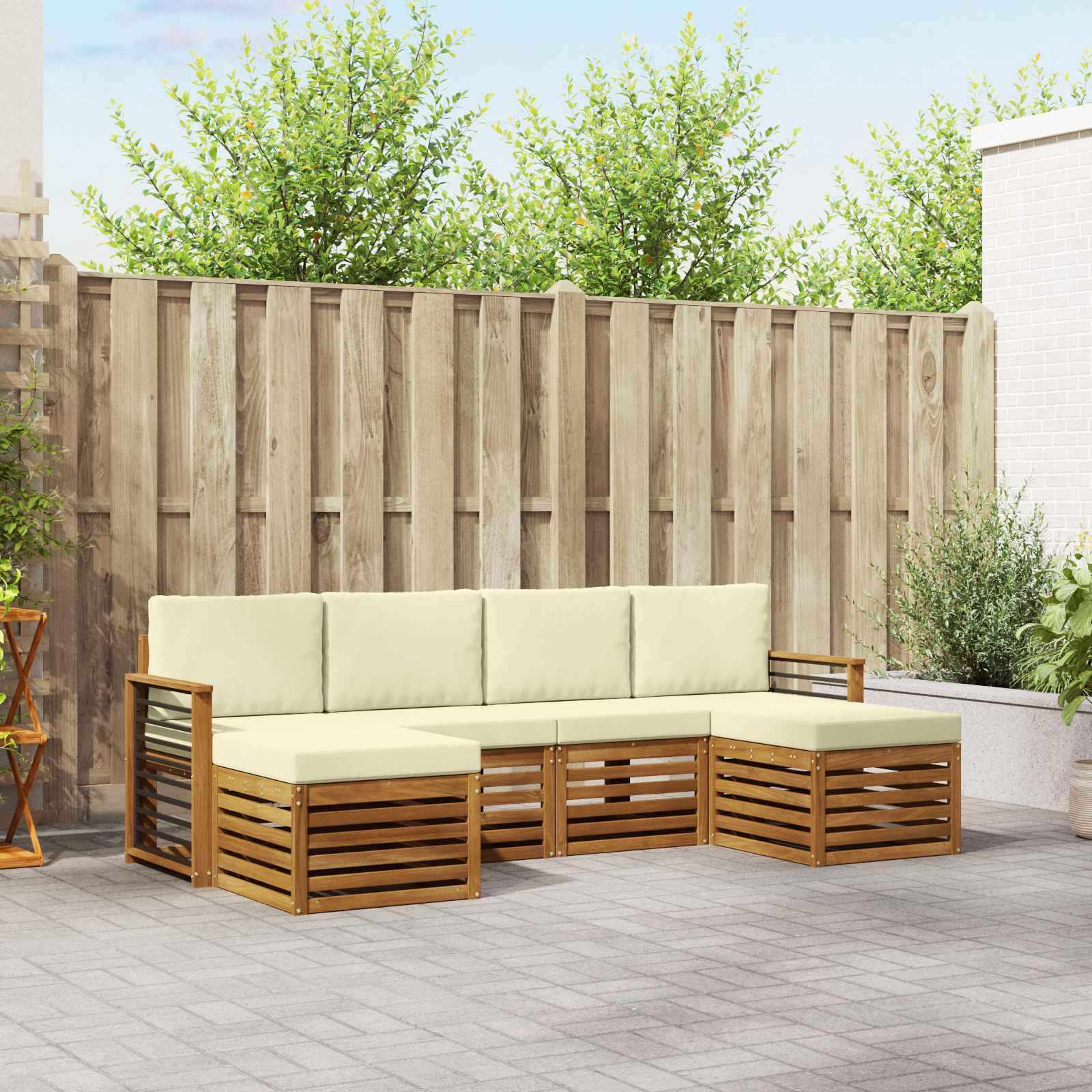 Gartengarnitur 6-teilig aus massivem Akazienholz wetterfestes Design für Terrasse und Balkon, inklusive Sitzgruppe, Sofas, Hocker, und Kissen, langlebig, pflegeleicht, vielseitig nutzbar