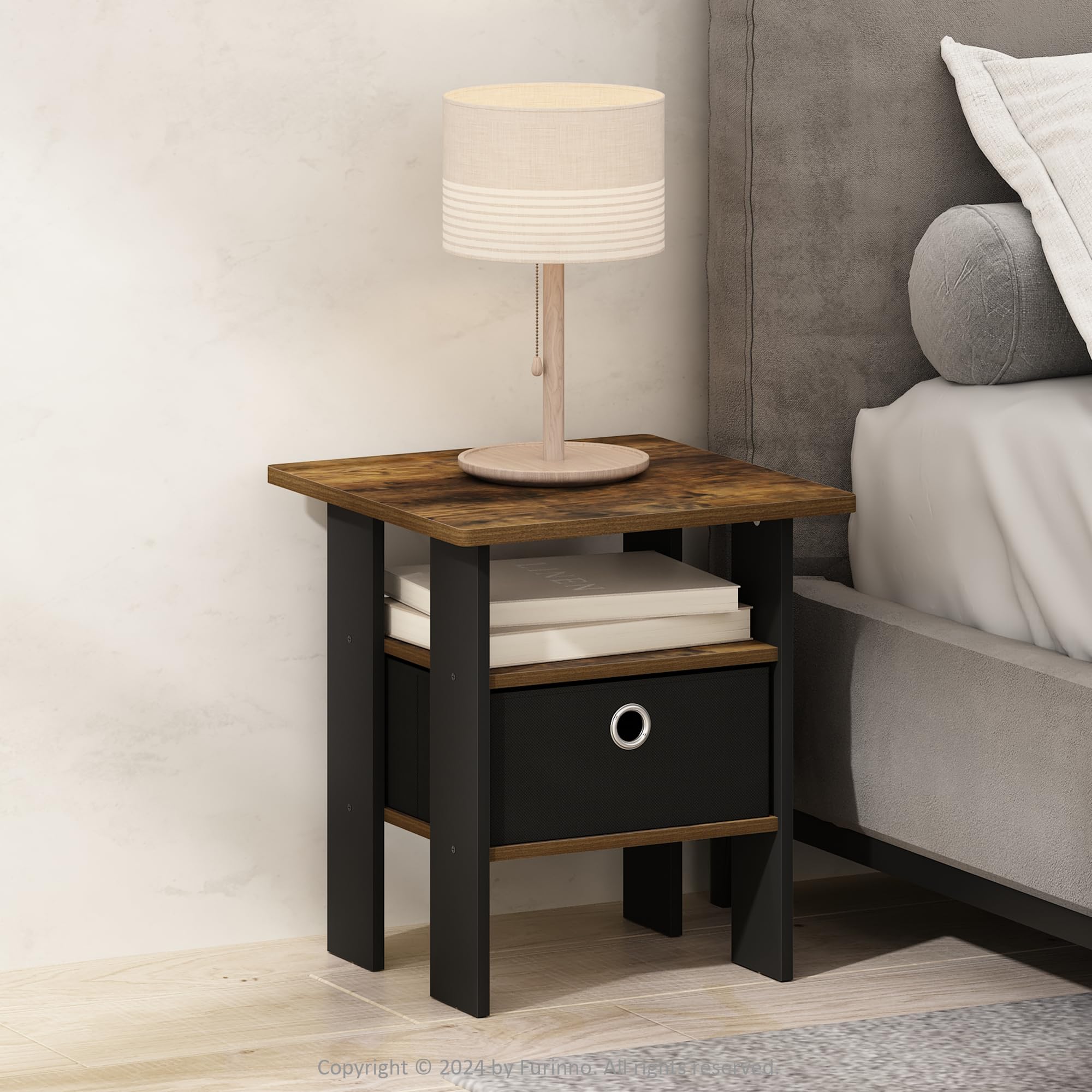 FurinnoTidur Bedside Table Nightstand with Bin Drawer, Amber Pine/Black