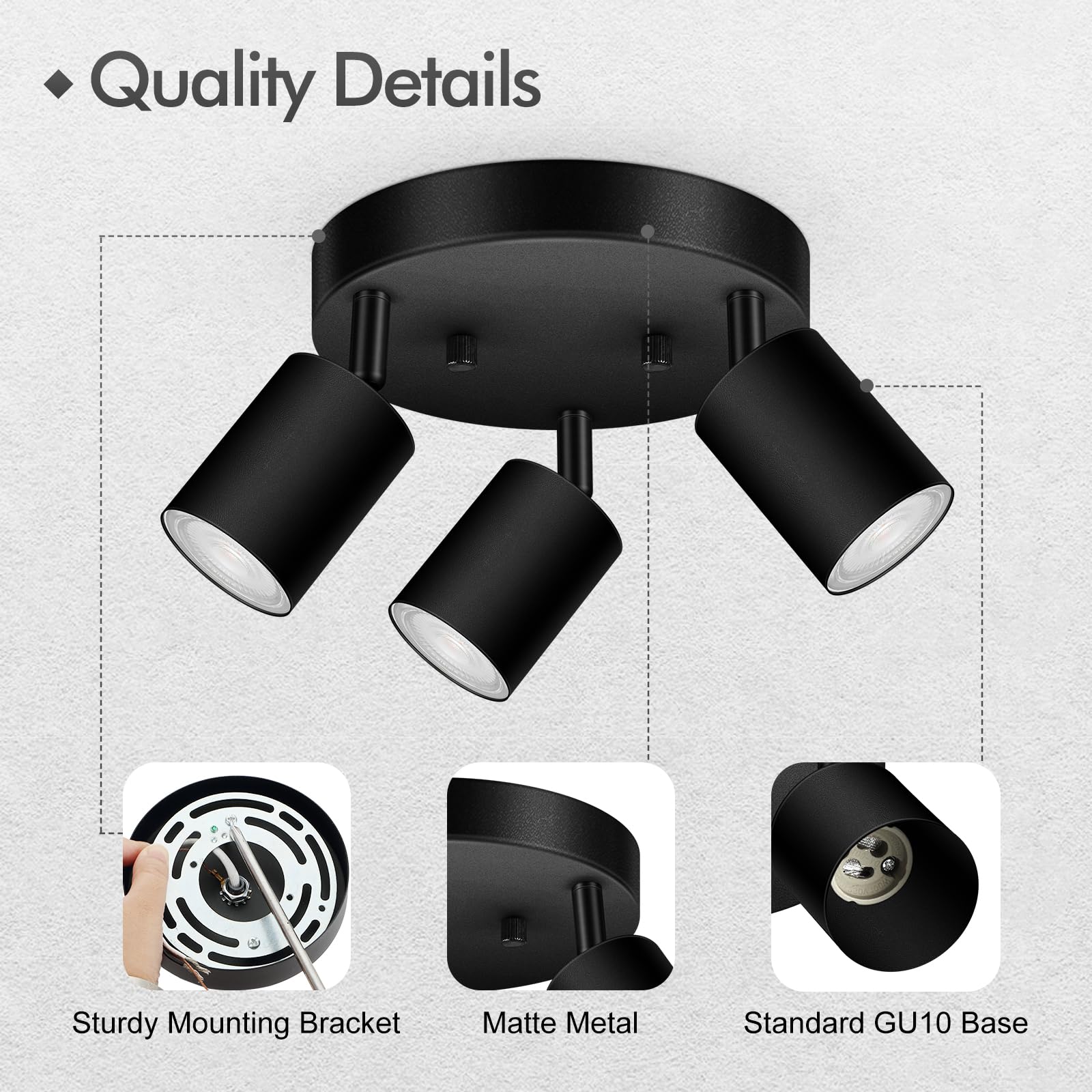 3 luces de riel de iluminación de techo, foco de techo direccional redondo negro mate, GU10 de montaje empotrado para techo/pared, luz LED moderna ajustable para cocina/sala de estar, sin bombilla 2