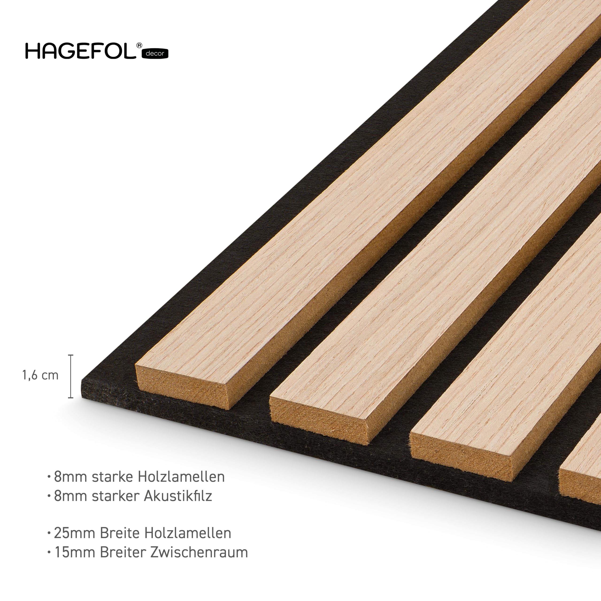 HAGEFOL® Akustikpaneele selbstklebend EasyFix, 240x56cm, Farbe: Eiche Holz, Lamellen Wandpaneele für Schallschutz Wandverkleidung ohne Bohren (2 Stück, 240x28cm im Paket)
