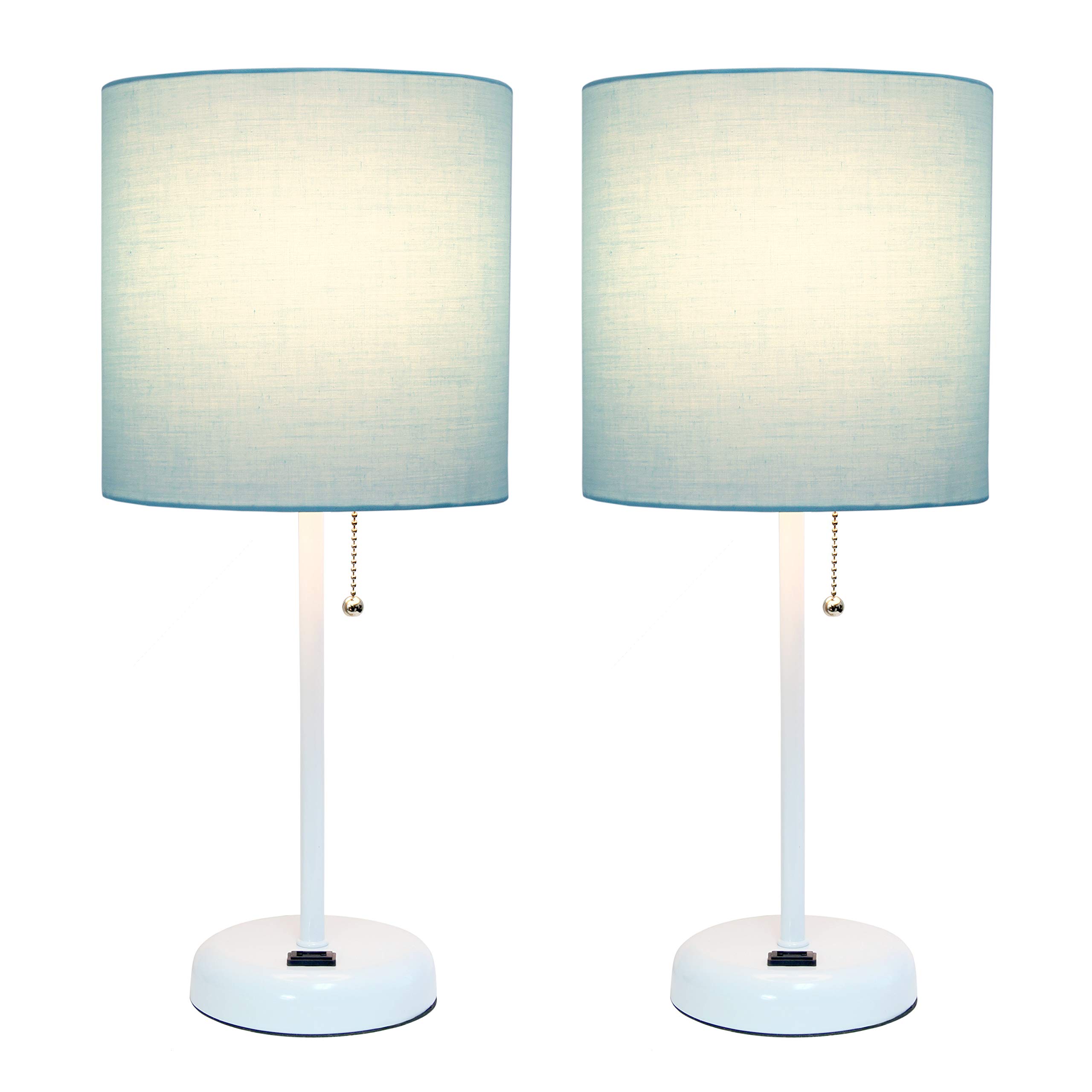 Limelights LC2001-AOW-2PK Stick Charging Outlet Fabric Shade 2 Pack Table Lamp Set, White/Aqua, 2 Count