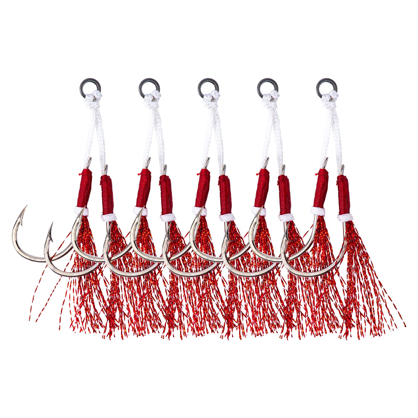 Bucktail Assist Double Hooks Kit,Butterfly Fishing Jigs Hooks - Size 2/0,3/0,4/0 Carbon Steel Barb Hook with Tassel,5PCS - Slow Fast Jigs Jigging Lure Hooks