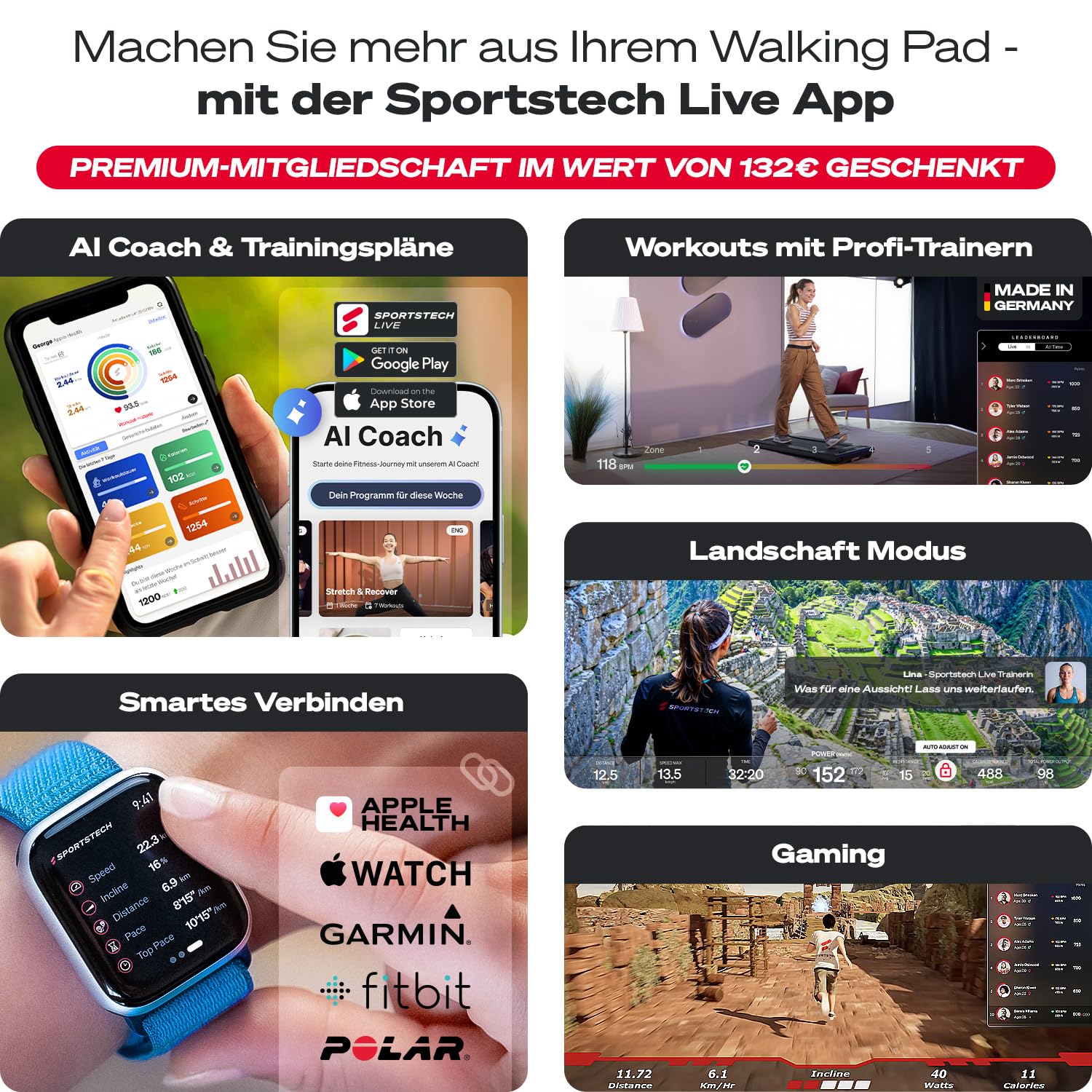 Sportstech sWalk Walking Pad, Laufband für Zuhause klappbar mit Steigung 7,5%, Laufband Schreibtisch, Under Desk Treadmill, 8 km/h, leise, App, LCD Display, bis 120 kg, Homeoffice Fitnessgerät