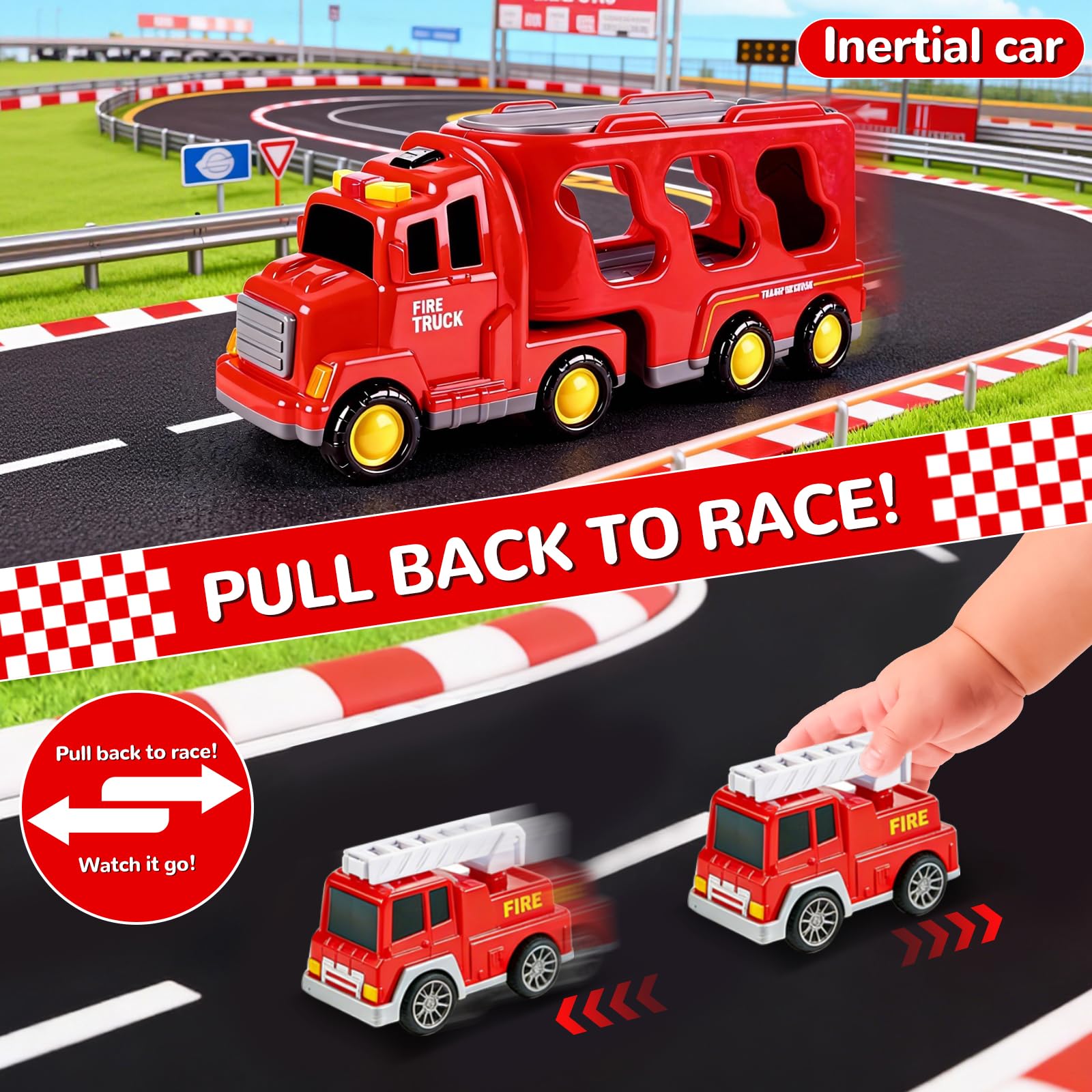 5 en 1 Camion Pompieri Giocattolo, Camion Trasportatore Macchinine con 4 Mini Camions dei Pompieri Camion dei Pompieri ad Inerzia avec Luci e Suoni Regalo per Ragazzi Ragazze di 3 4 5 6 anni