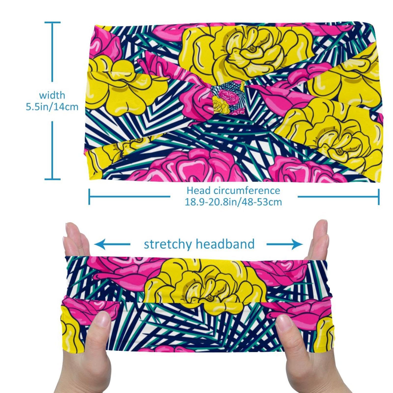 Lot de 6 bandeaux élastiques larges et antidérapants avec fleurs dessinées à la main pour femme - Pour le yoga, la sueur, le sport, l'entraînement