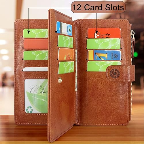 Miniatura 9 de Harryshell Cartera magnética desmontable con cremallera de piel, bolsillo para efectivo con 12 ranuras para tarjetas, correa de muñeca para Samsung