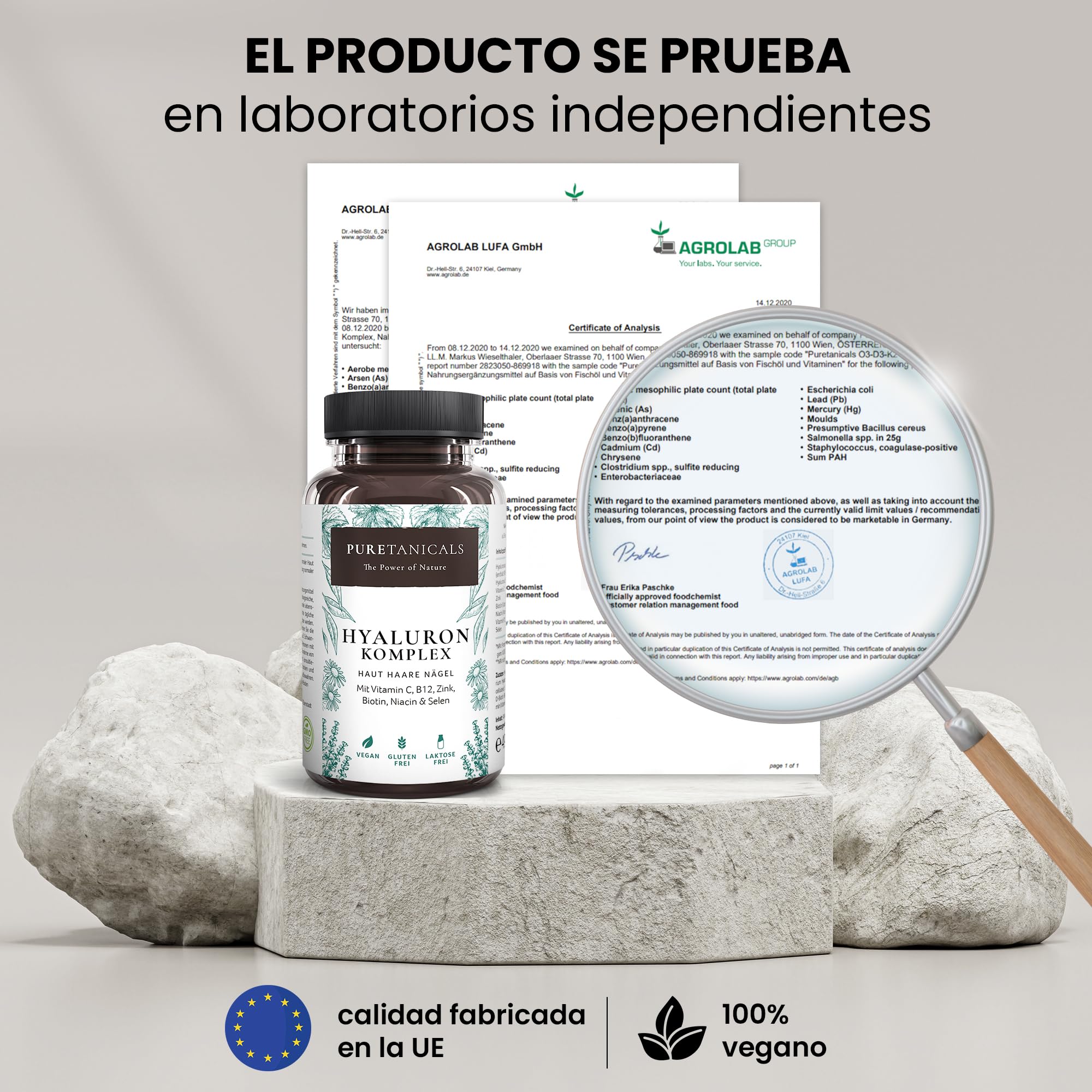 Cápsulas de Ácido Hialurónico Altas Dosis Analizado en Laboratorios - 350mg puro + Vitamina C B12 Zinc Biotina Niacina Selenio | Antiedad Piel Cabello | Vegano sin Estearato de Magnesio