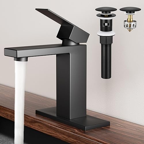 KES Grifos de baño negros con drenaje (con desbordamiento), grifo de lavabo de baño de 1 agujero o 3 agujeros, grifo de tocador de lavabo con manija