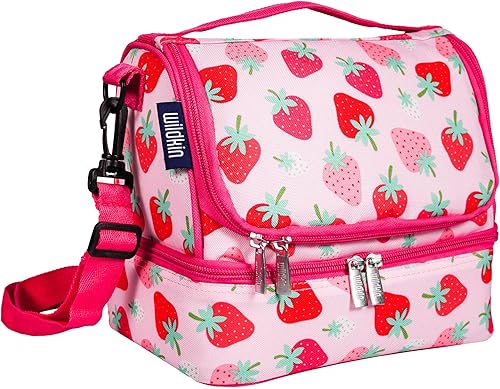 Wildkin Bolsa de almuerzo aislada con dos compartimentos para niños, lista para la escuela y los viajes, parche de fresa