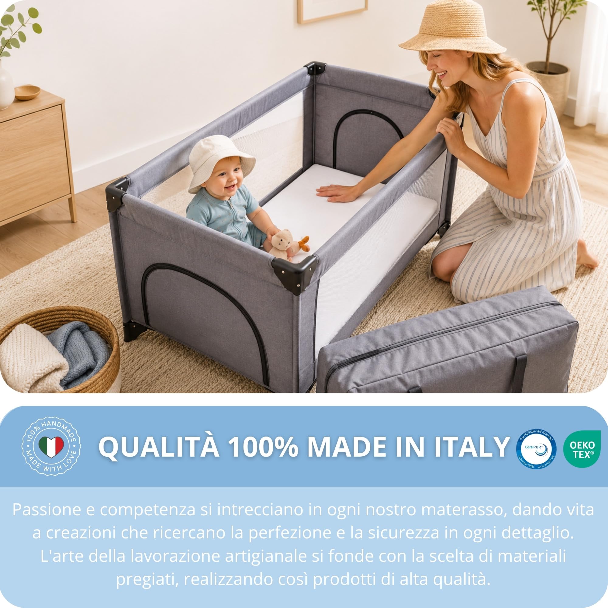 Materasso Lettino Campeggio Sfoderabile Pieghevole 60x120x4 EN16890:2017 Federa 100% Cotone Oeko-tex Certipur