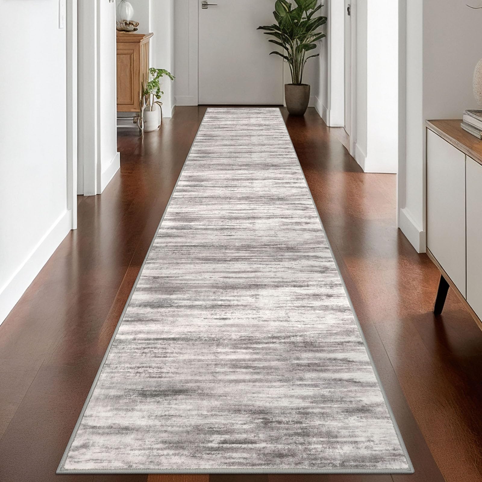 KOZYFLY Modern Abstract Washable Rug Runner 2.6x14 Hallway Rug Runner Non-Slip Soft Kitchen Runner Rugs, Grey-Beige Striped Carpet for Entryway Bathroom Laundry Room Foyer — image 1