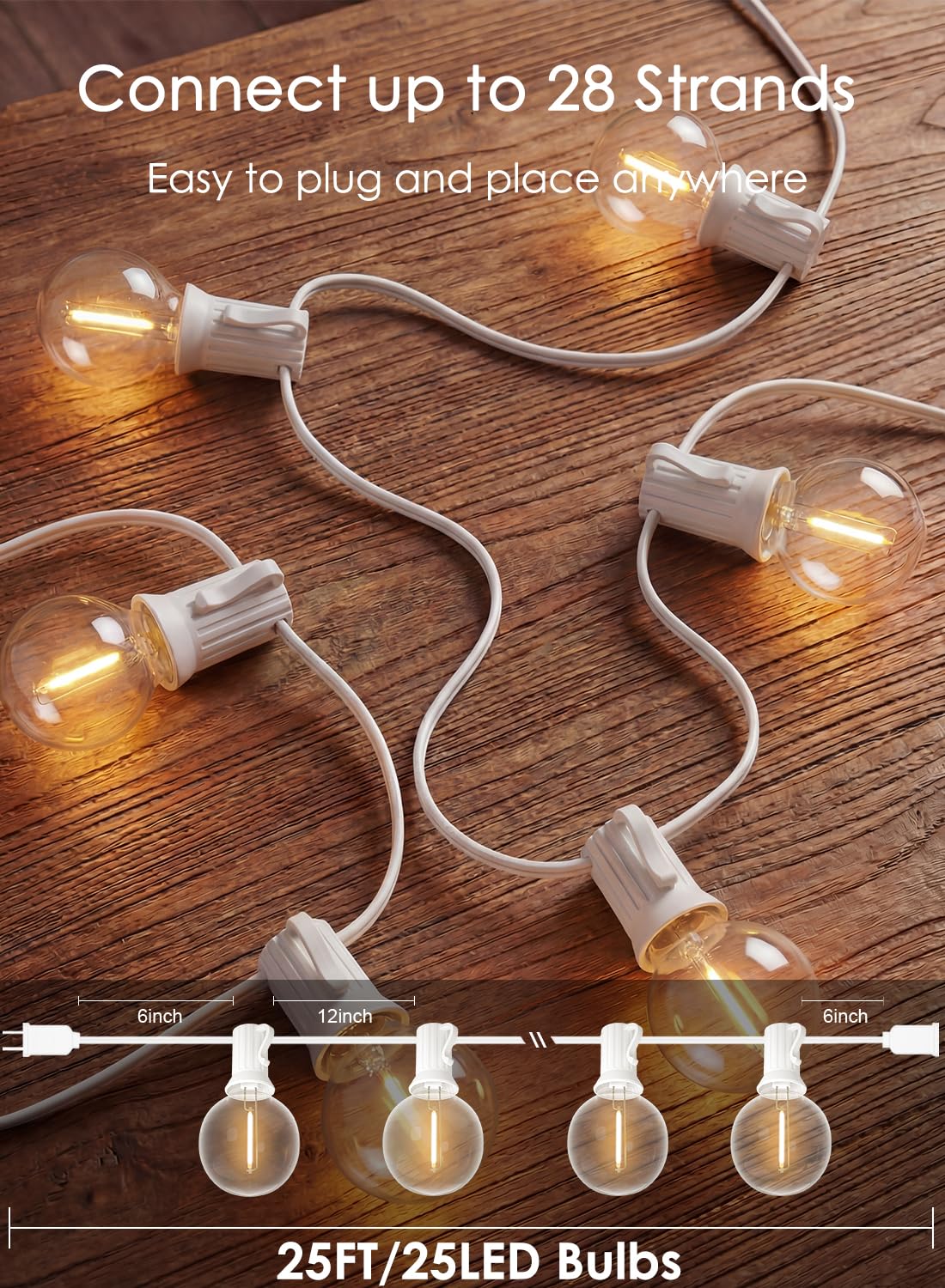 Best White String Lights 2026: 5 Warm and Clear Picks 2 SUNSGNE 25FT G40 LED White Outdoor String Lights with 25 Plastic Shatterproof Bu — product photo