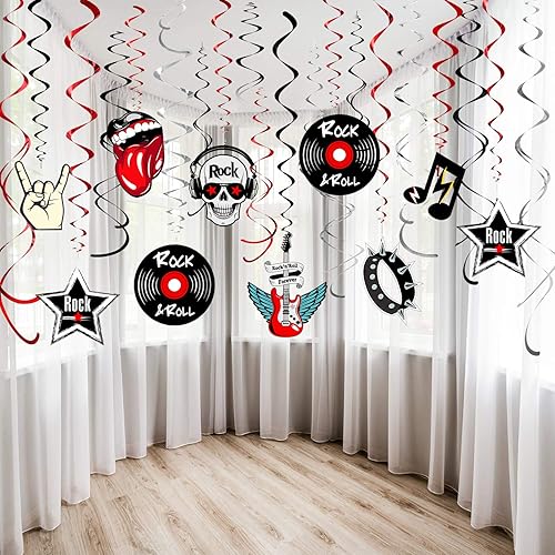 Miniatura 1 de Blulu 30 piezas de decoración de papel de aluminio para fiestas musicales con temática de rock and roll, decoraciones de techo retro colgantes para