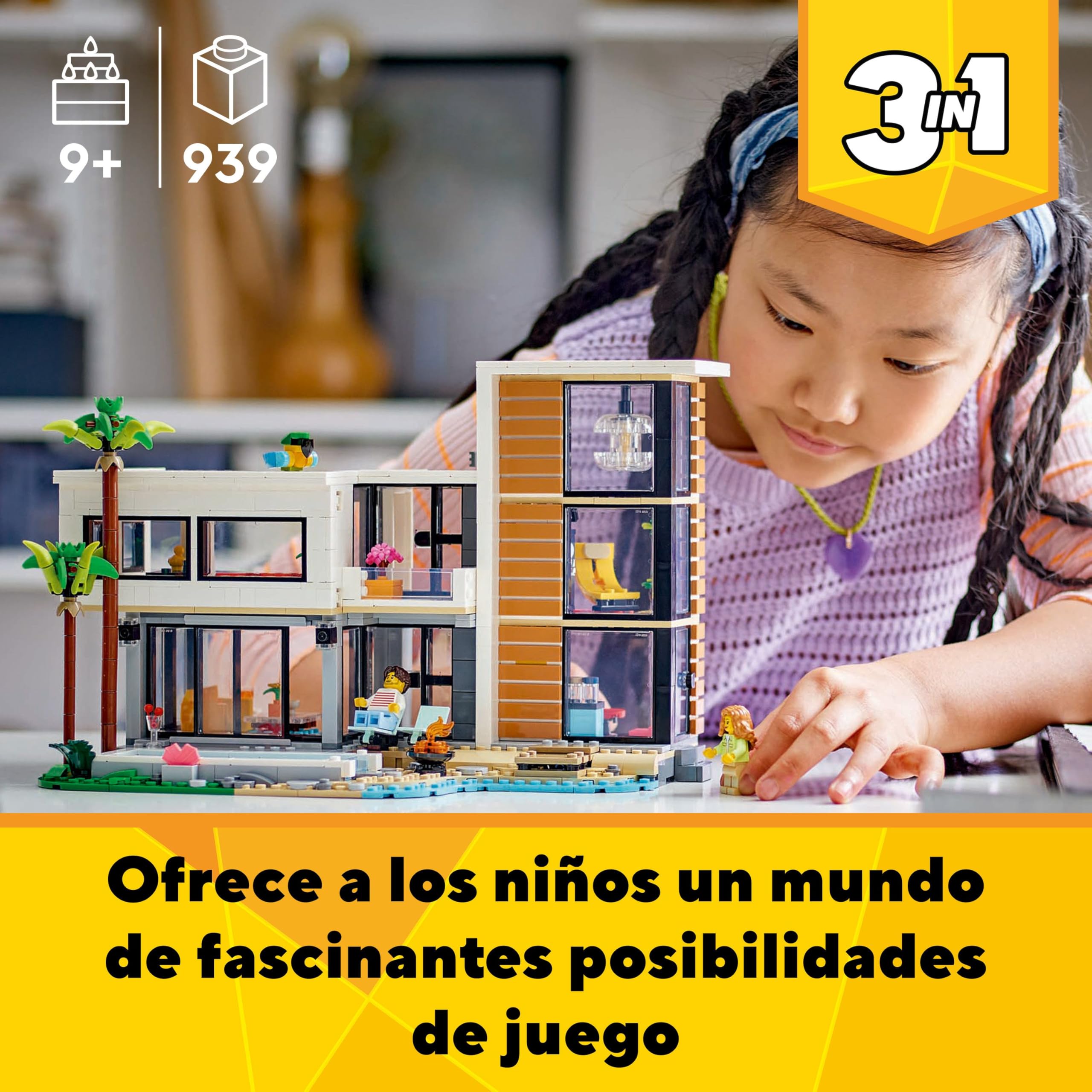 LEGO Creator 3 en 1 Casa Moderna de Juguete Convertible en Edificio de 3 Plantas o Cabaña del Bosque, Kit de Construcción con 2 Minifiguras, Regalo para Niños y Niñas de 9 Años o Más y Artistas 31153