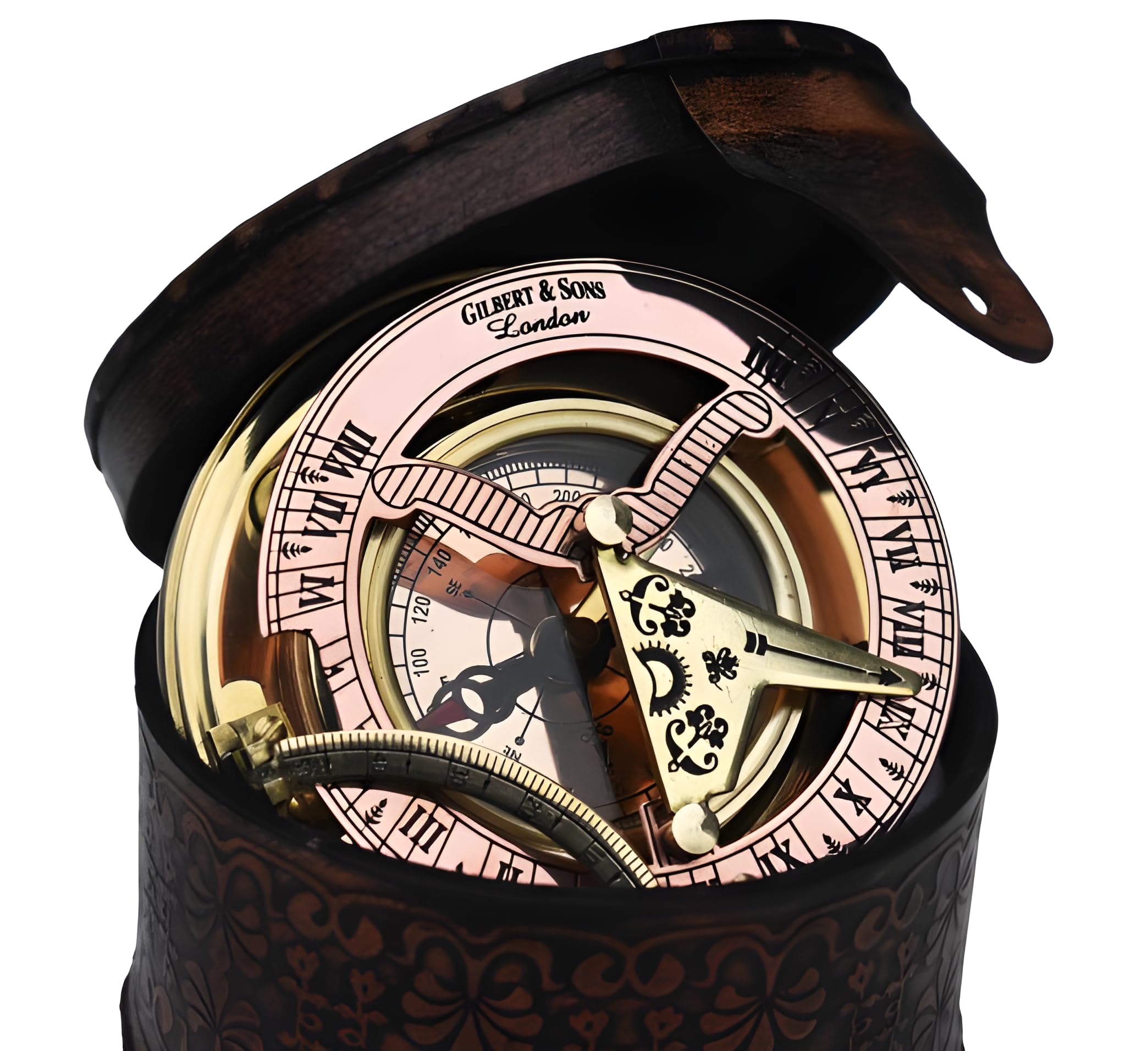 Vintage Brass & Copper Sundial Compass, Sundial Clock in Box Gift Sun Clock Ship Antique Replica Watch Astrolabe Steampunk Decor.