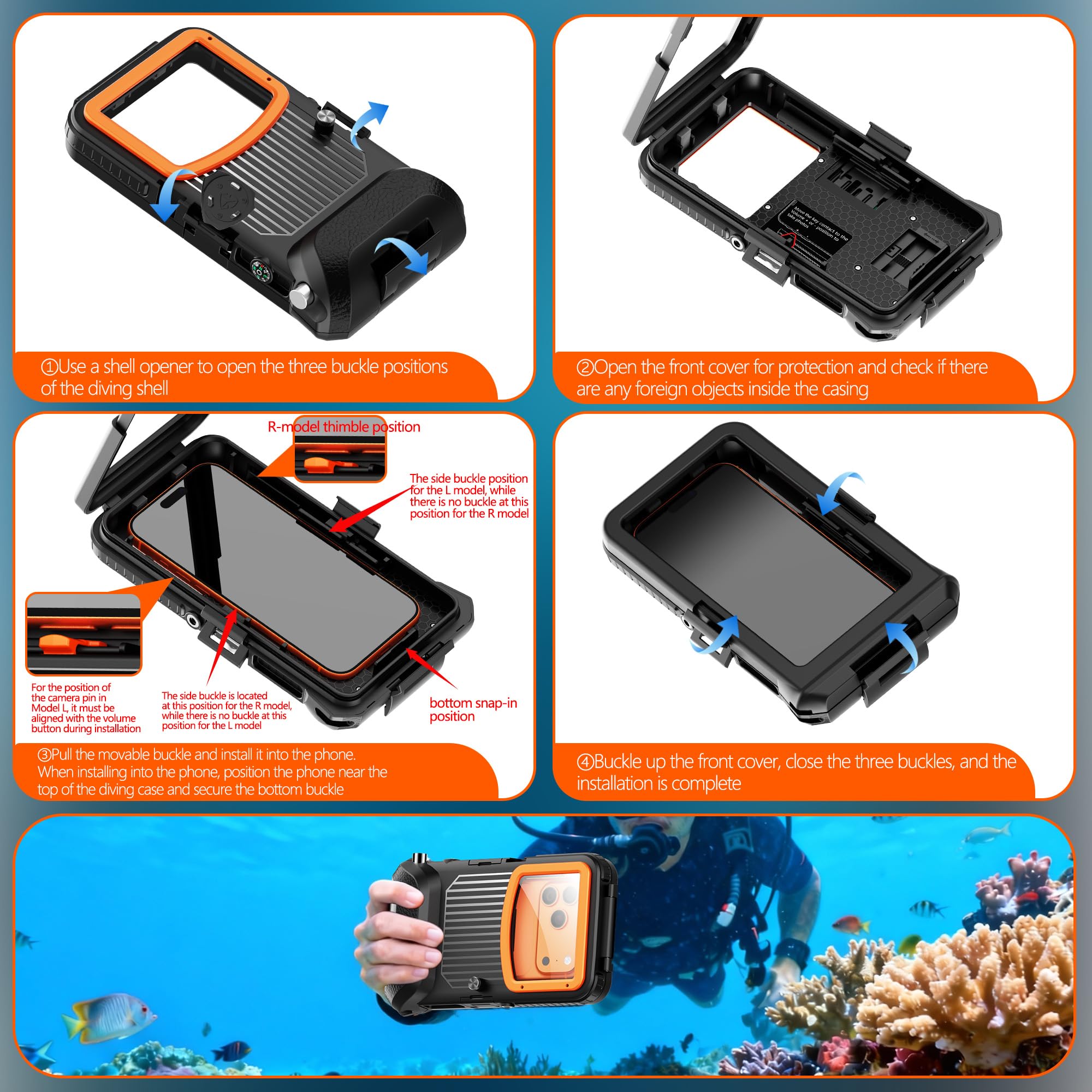 Mangix Funda de teléfono subacuática para iPhone 17/16/15/14/13 Pro Max/Pro/Plus/Air y más, fotografía subacuática de 15 m para esnórquel, video fotográfico, negro/naranja
