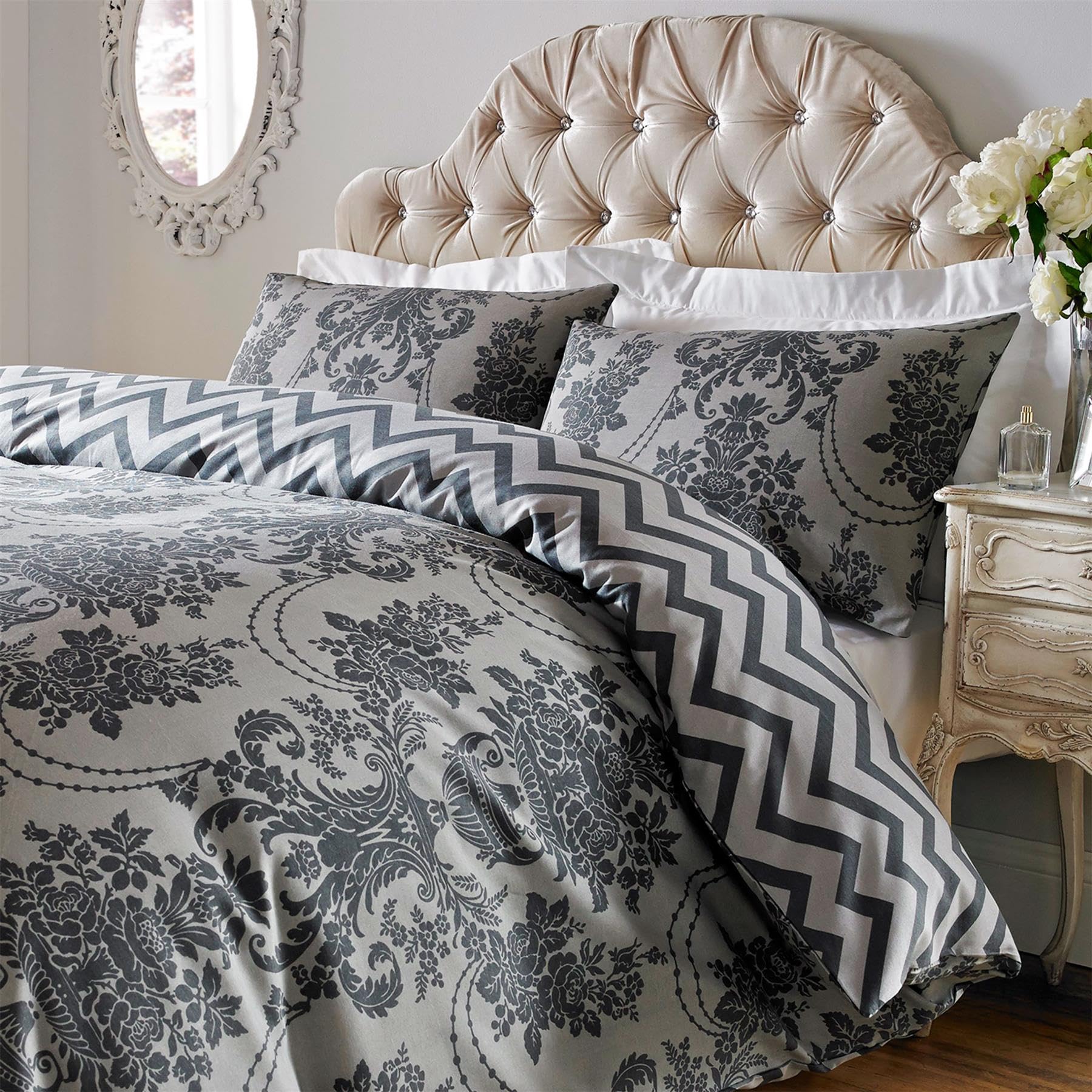 Roseley Reversible Damask Print Duvet Cover 3pc Bed Set Soft Micro Polyester Quilt Cover & Pillow Cases Floral Print Bedding 200TC [Charcoal & Black, King]