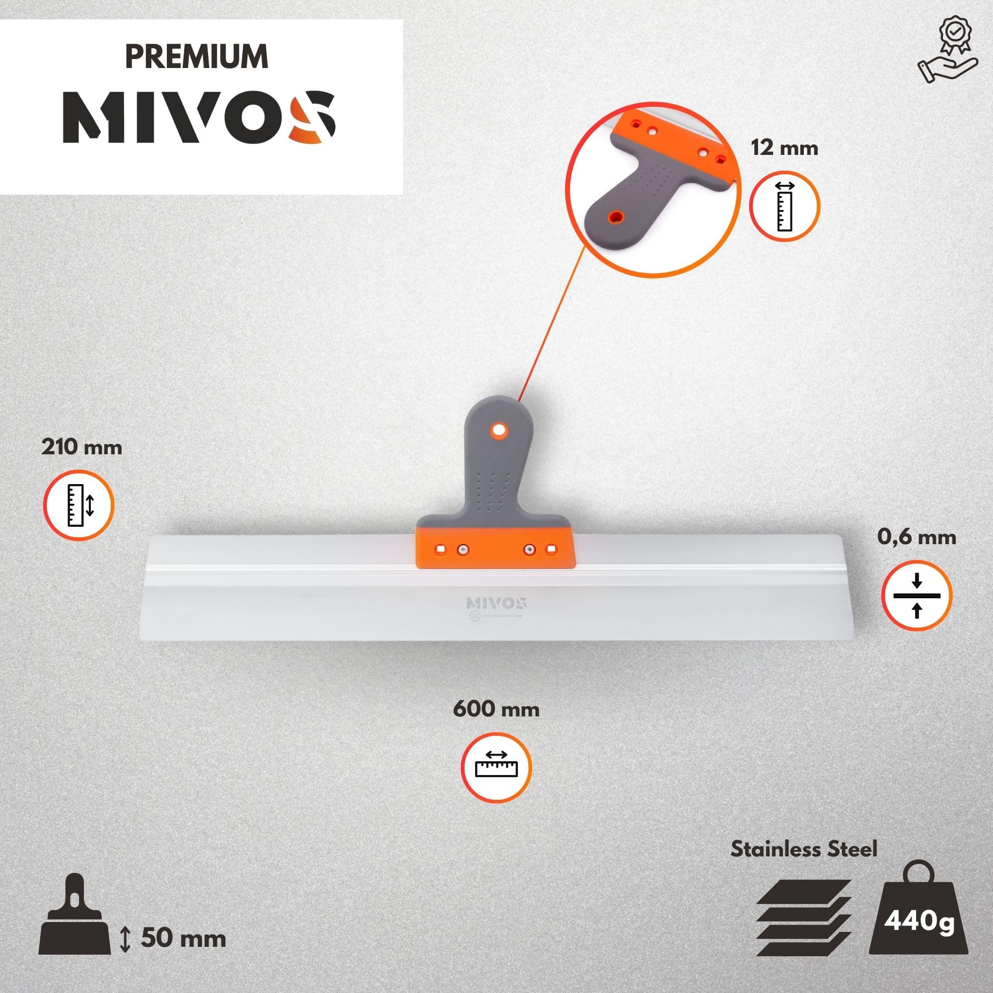 Mivos Couteau à Enduire de Façade Professionnel avec Lame Large en INOX 600 x 60 mm - Couteau à Mastic pour Lisser les Grandes Surfaces - Spatule de Façade avec Soft Poignée - Made in EU