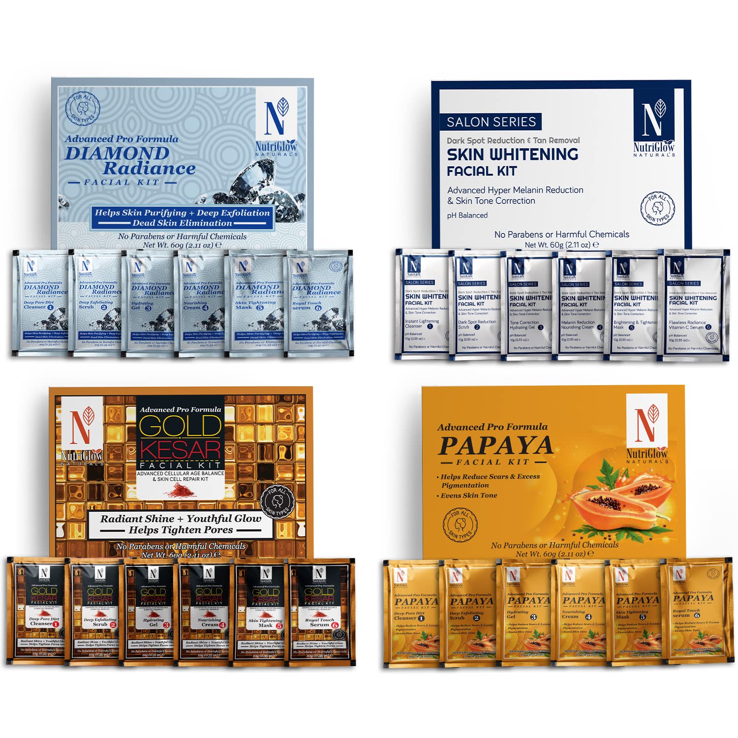 NUTRIGLOWNATURAL'S Advanced Pro Formula Combo Pack of 4 Diamond Radiance, Skin Whitening, Gold Kesar, Papaya Facial Kit 60gram Each for Skin Cell Repair Reduce Pigmentation & Spotless Face