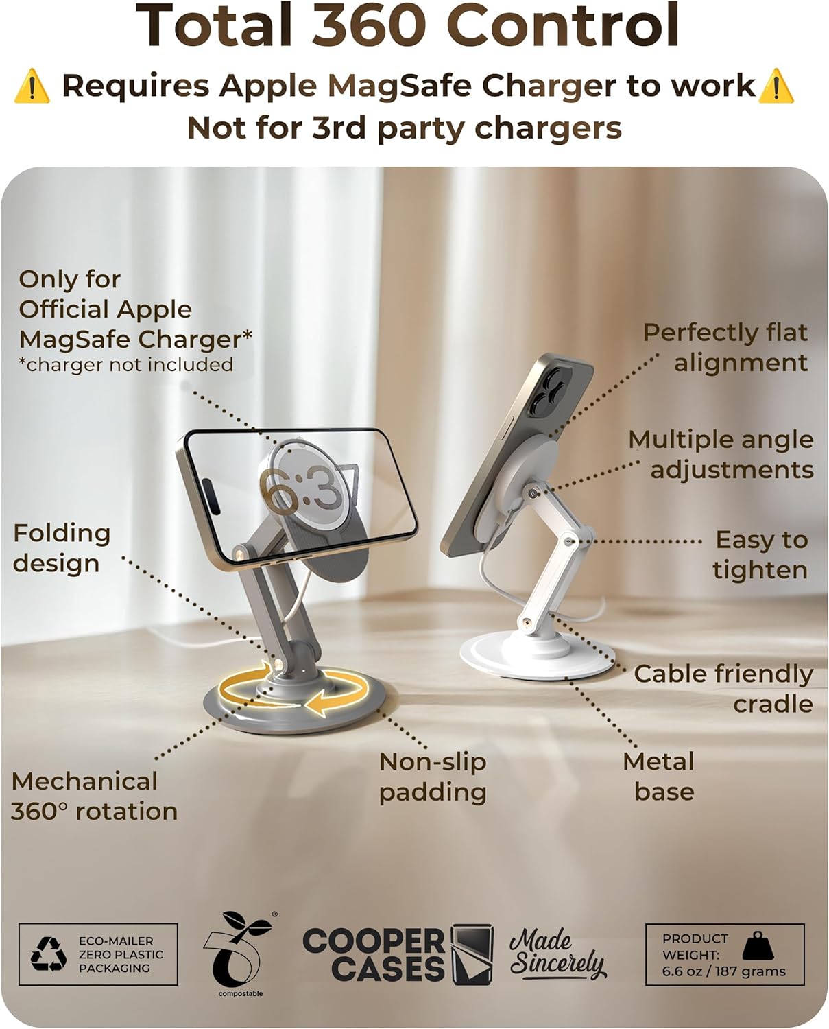 Diagram of COOPER 360 MagBase Stand features and dimensions