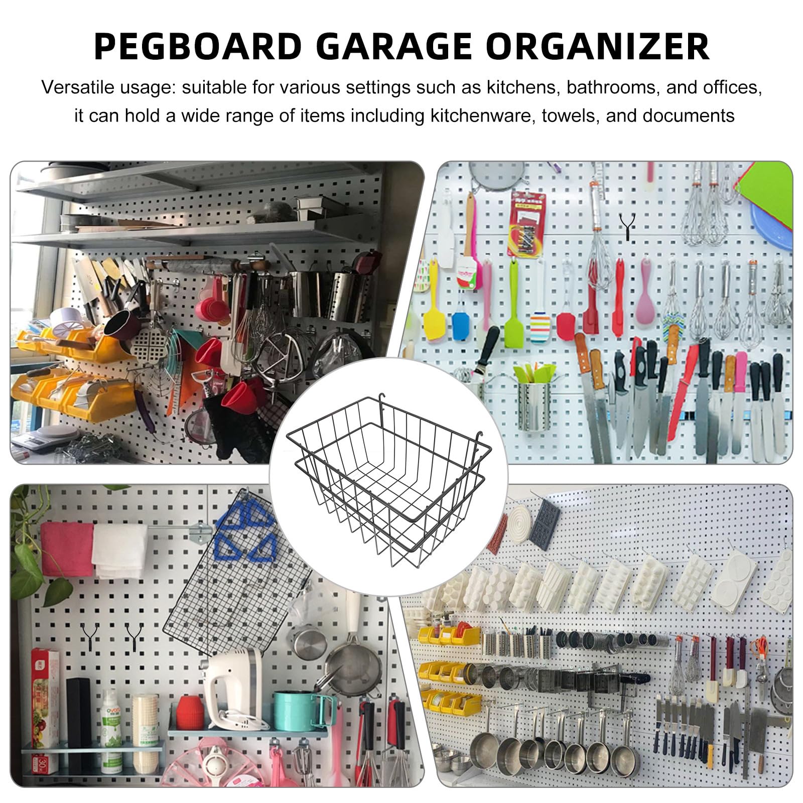 Cestas de Almacenamiento para Panel Perforado sin Taladro Organizador Metálico Negro Grande Cesta de Hierro para Garaje Cocina y Oficina Accesorios para Rack de Pared