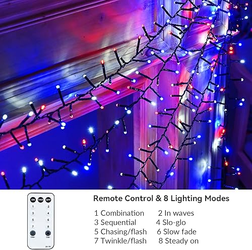 Miniatura 3 de Tira de luces LED rojas, blancas y azules, 400 LED, 19.7 pies, 8 modos, impermeable, para interiores y exteriores, 4 de julio, Día de la