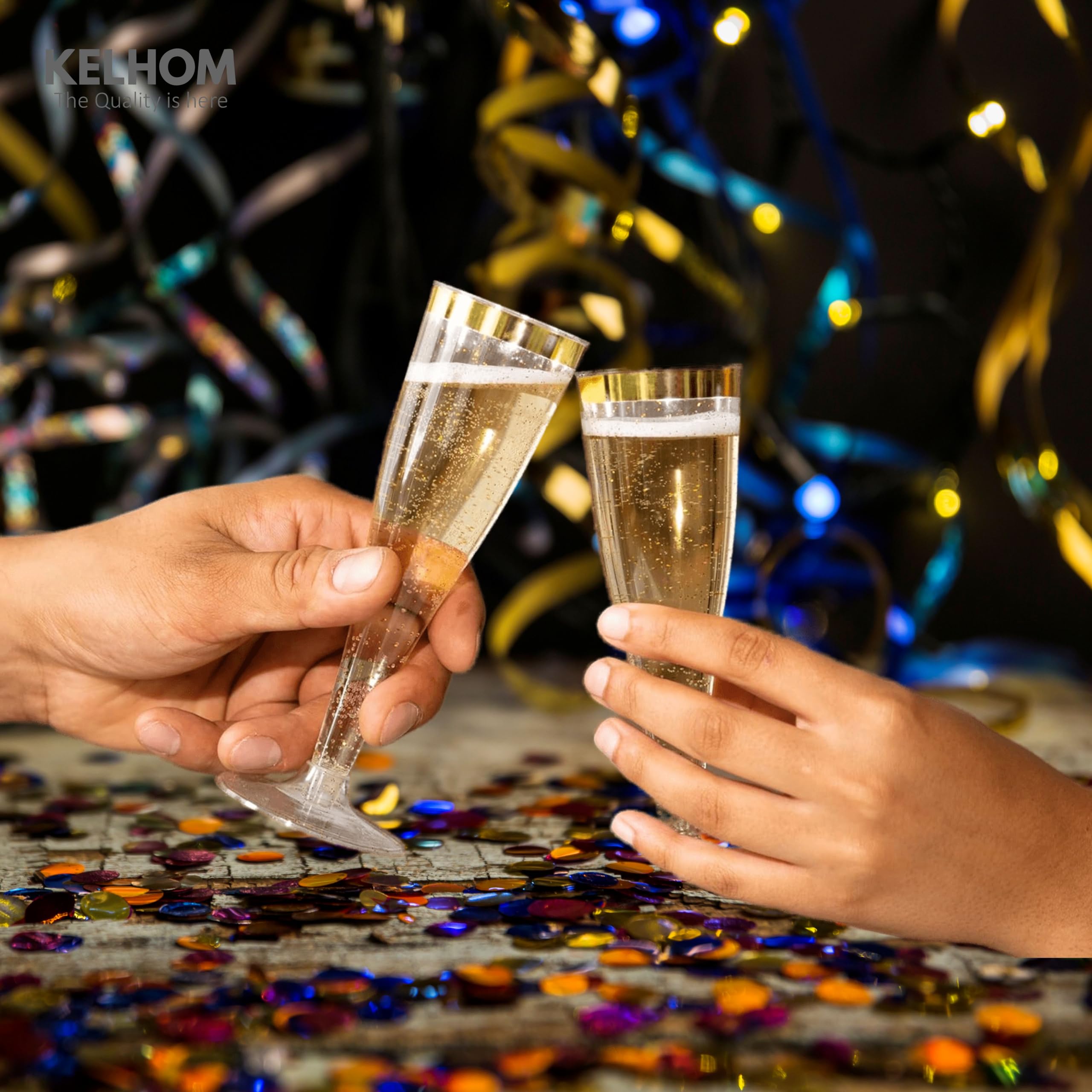 Flauti da Champagne Di Alta Qualità Riutilizzabili da 133 ml Con Bordo Dorato BPA gratuito, Set di 50 Eleganti Flauti In Plastica Resistenti,per Festa di Matrimonio, Compleanni e Cocktail in Plastica