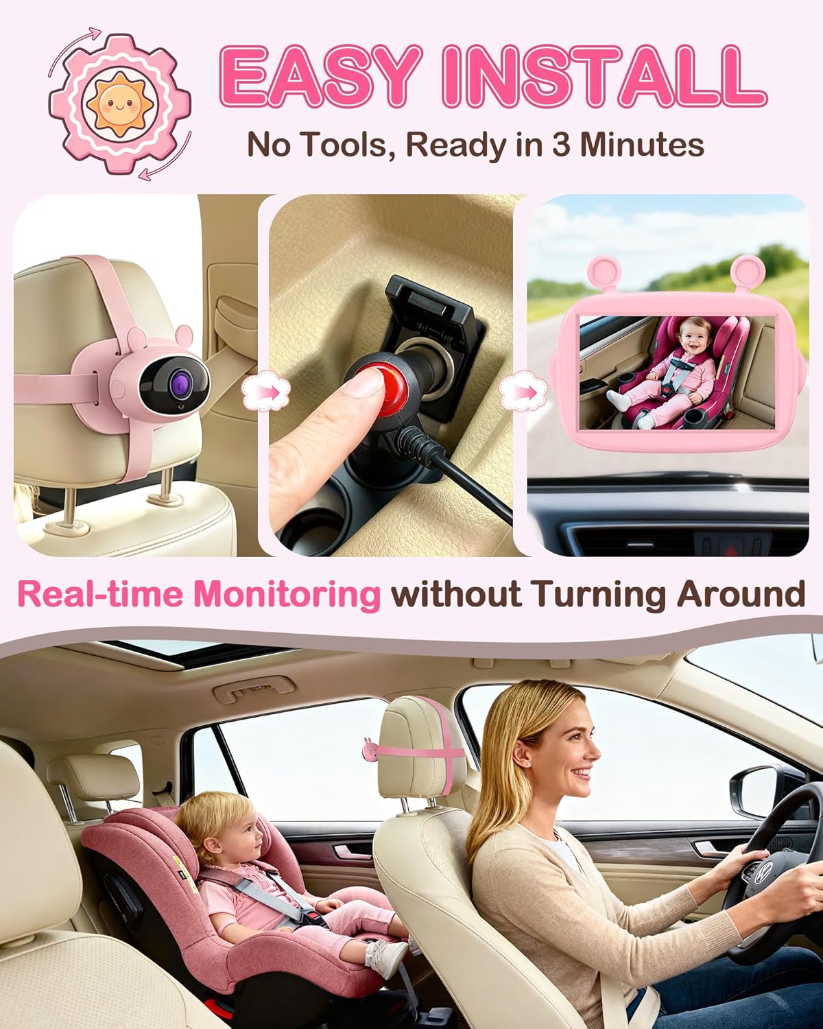 Yakry HD 1080P Baby Car Camera: 3-Min Easy Install Auto IR Night Vision Real-Time View for Clear Baby Checks - Backseat Camera with Cute Pink Design for Infant