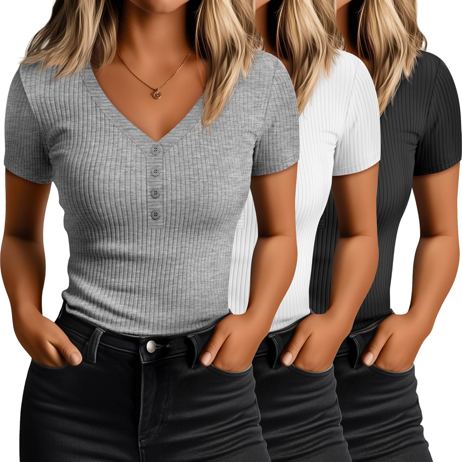 3 Pack Women's Ribbed Henley Button T-Shirts, 95% Cotton Fitted Tight Short Sleeve V Neck Top Slim Basic Tee Blouse