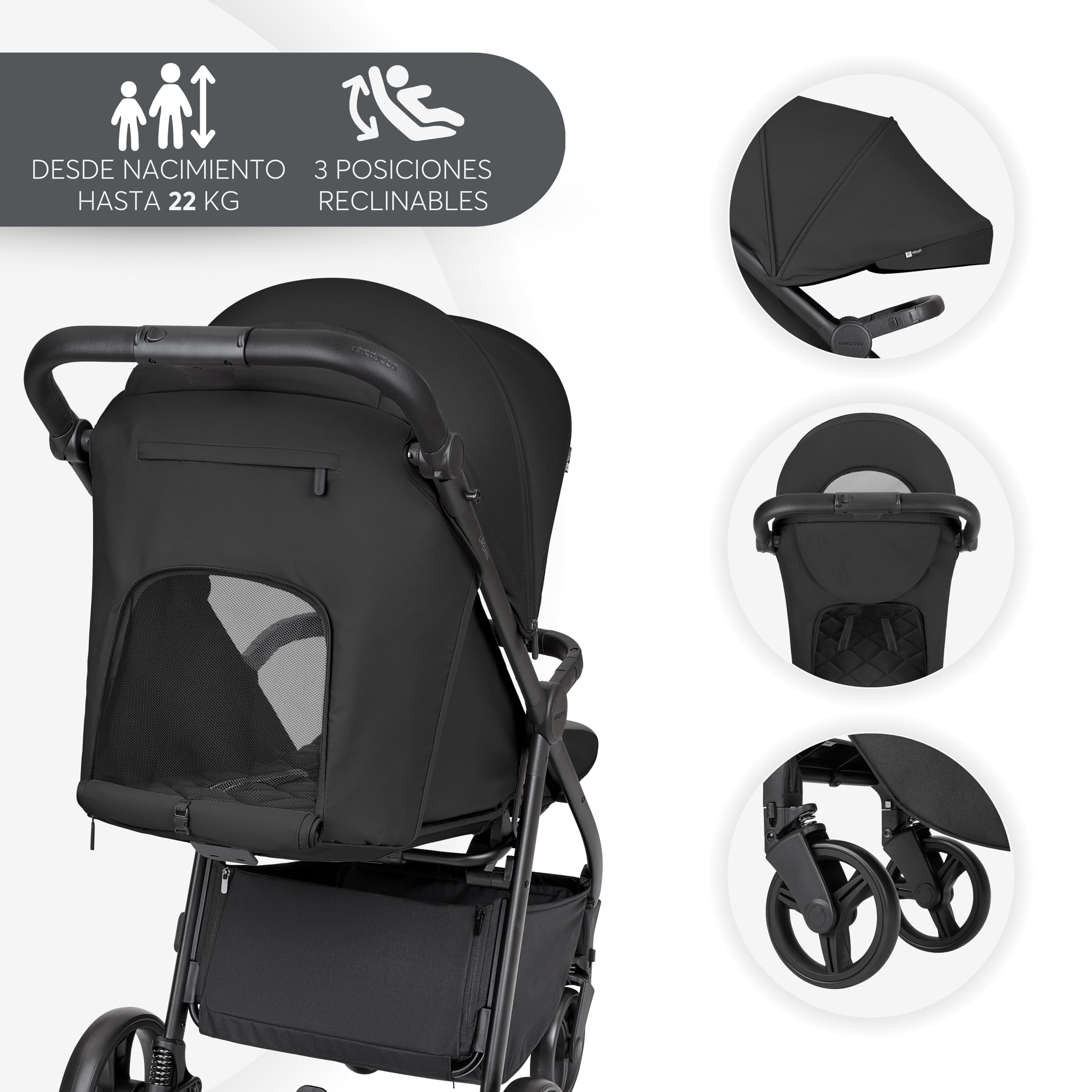 KikkaBoo Silla de Paseo Ligera URBAN, Carrito Bebe Desde Nacimiento Hasta 22 kg, Plegado con Una Mano, Compacto, Ruedas EVA Con Suspensión, Manillar Ajustable, Negro