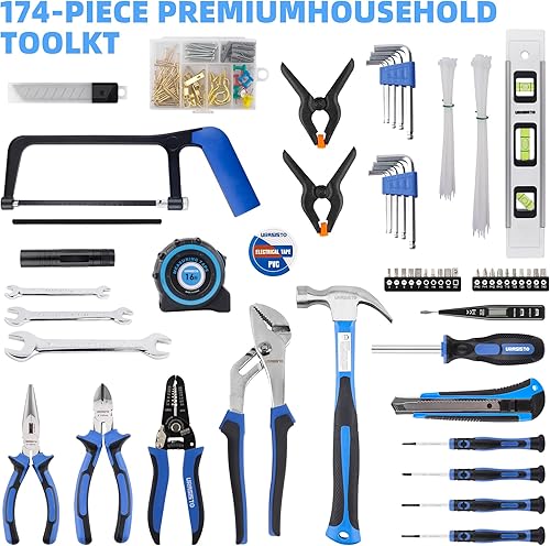 Miniatura 2 de Kit de herramientas prémium de 174 piezas, juego de herramientas de reparación para el hogar con bolsa de herramientas de almacenamiento abierta de