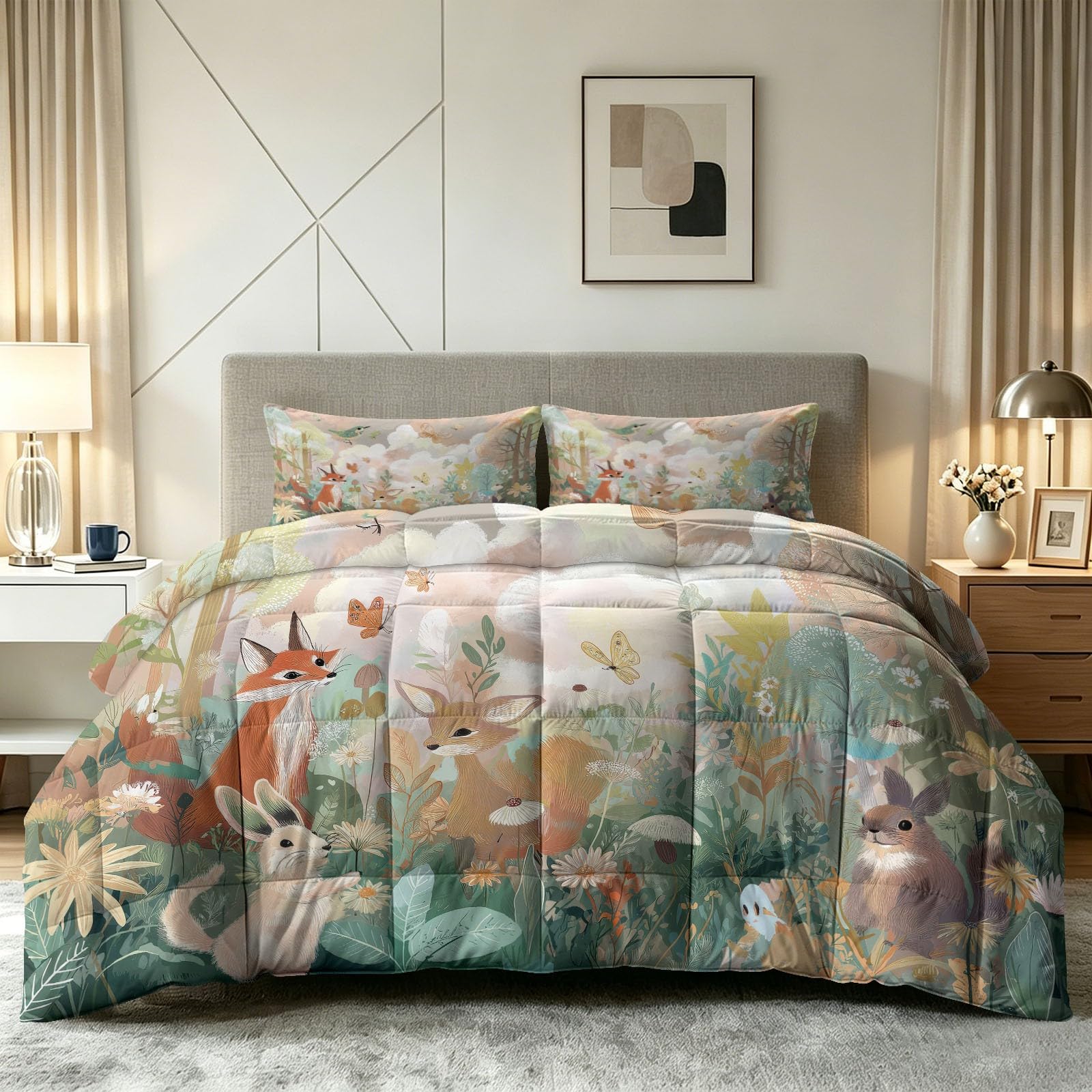 Edredón de animales 220x240 cm para cama doble con diseño de bosque zorro y conejo